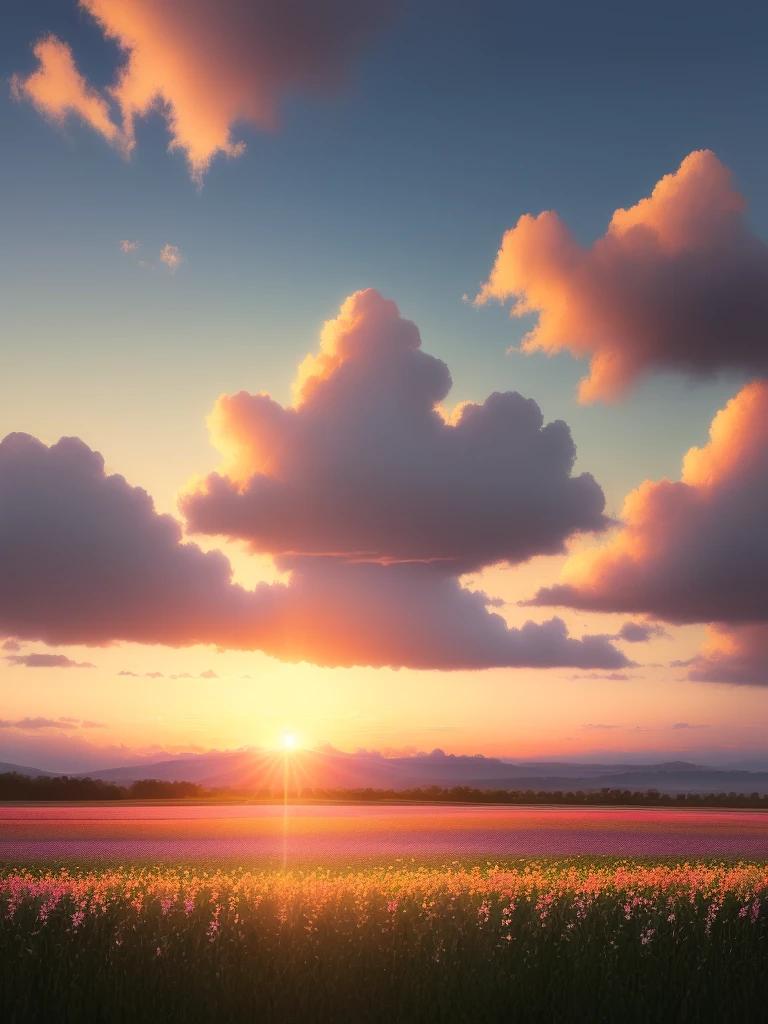 ((masterpiece)),((best quality)),((high detial)),((realistic,)), field of flowers, sunset, clouds