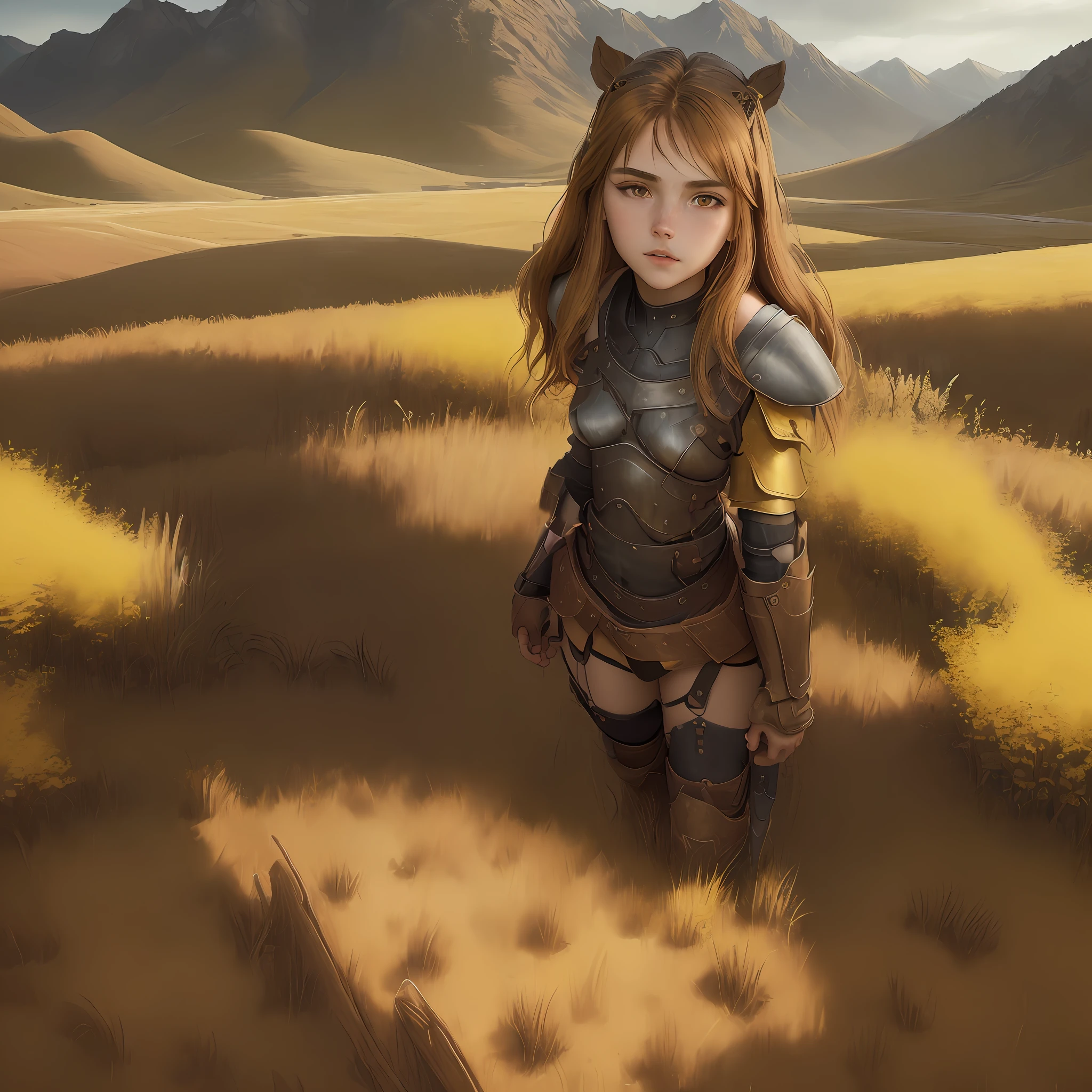 (Masterpiece), (1girl), (best quality), (best artist), (best intensity), (best environment and background), (best landscape), a warrior girl wearing armor, long brown hair, yellow eyes, landscape of flowering fields, semi-dark, neutral lighting, a little without lighting.