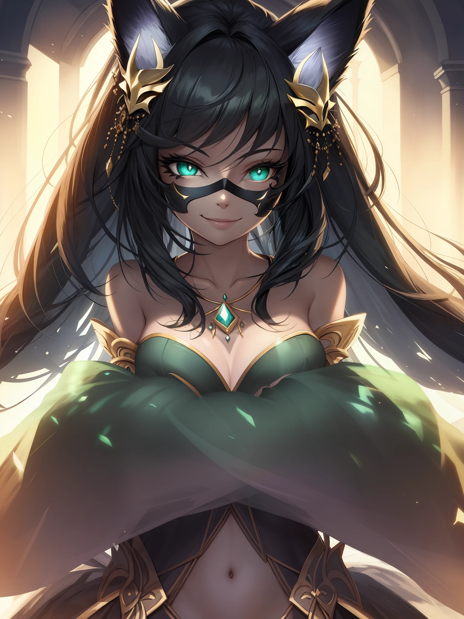 ((masterpiece)), ((best quality)), (ultra-detailed), ((extremely beautiful)), 1girl, cat ears, ear fluff, small breasts, toothy smile, evil smile, squint, spread arms, bare shoulders, detached sleeves, necklace, green eyes, gradient eyes, black hair, (mask on side:1.2), dappled sunlight, 8k wallpaper, realistic, stunning art, ultra-detailed, complicated background, beautiful illustration, good anatomy