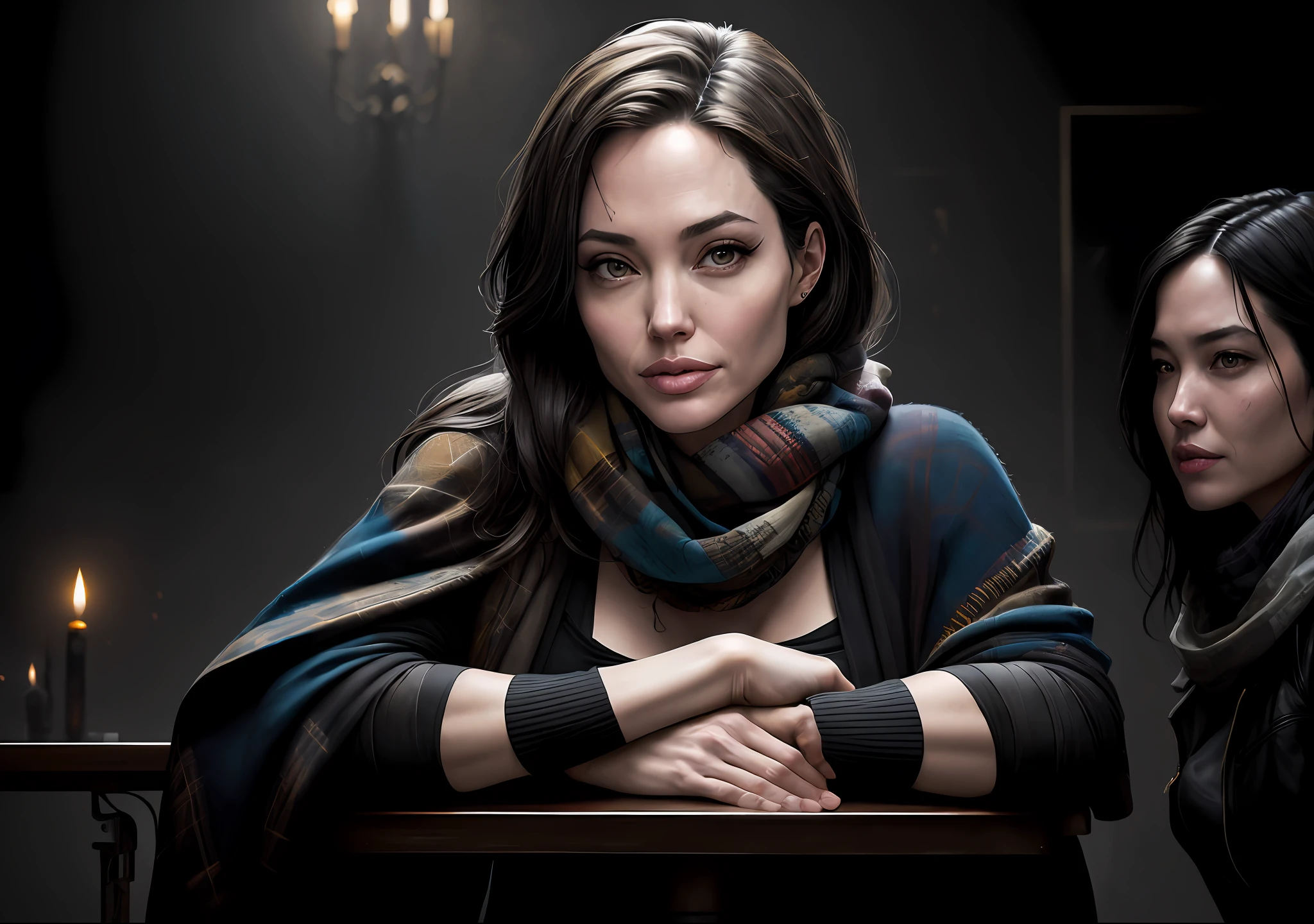 Angelina Jolie smiling Dark photo: With her body covered, sitting feeling cold at an old table, realistic epic, portrait of Halo, blue eyes, plaid scarf, white hair of Atey Ghailan, of Greg Rutkowski, of Greg Tocchini, of James Gilleard, of Joe Fenton, of Kaethe Butcher, yellow gradient, black, brown and magenta color scheme, grunge aesthetic!!! Graffiti brand wall background, art by Greg Rutkowski and Artgerm, soft cinematic light, Adobe Lightroom, Photo Lab, HDR, intricate, highly detailed, (depth of field: 1.4), faded, (neutral colors: 1.2), (HDR: 1.4), (soft colors:1.2), hyperdetailed, (Artstation:1.4), cinematic, warm lights, dramatic light, (intricate details:1.1), complex background, (Rutkowski:0.66), (blue and orange:0.4)