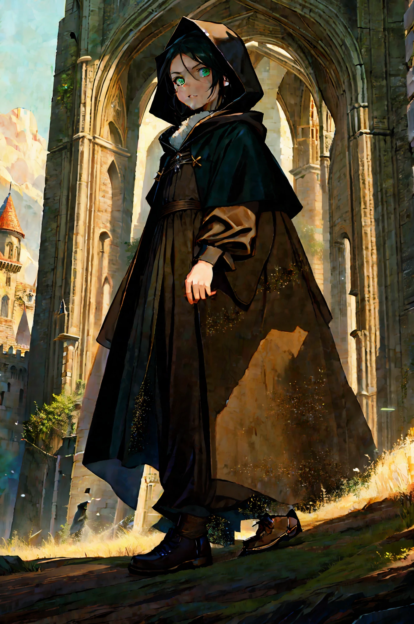 Magician, child, with brown hood and black and brown clothes, green eyes, black hair with darker tips, in the background a frightening castle on a cliff, a walking pose, a dark mood, with sparkle in the eyes