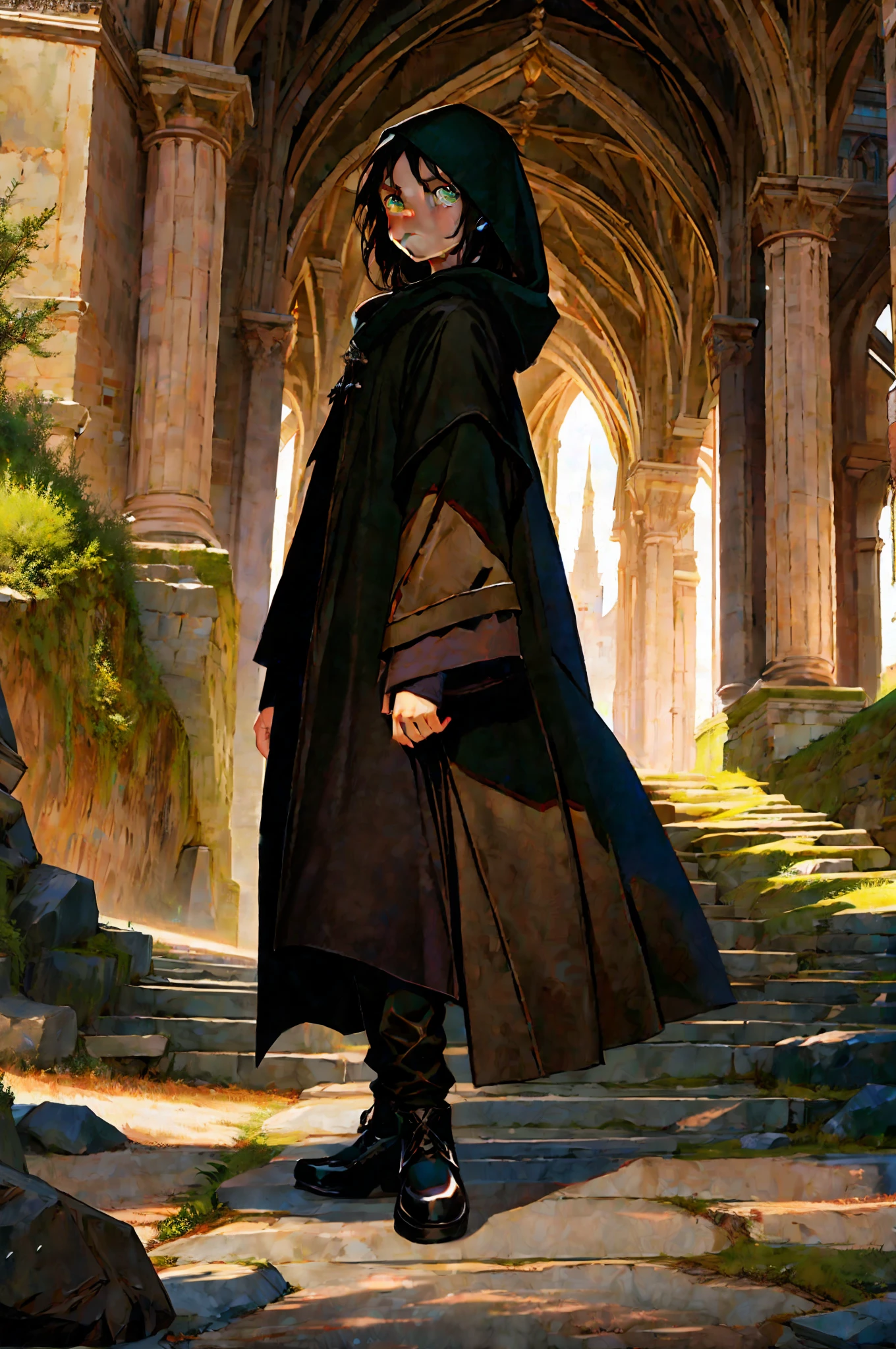 Magician, child, with brown hood and black and brown clothes, green eyes, black hair with darker tips, in the background a frightening castle on a cliff, a walking pose, a dark mood, with sparkle in the eyes