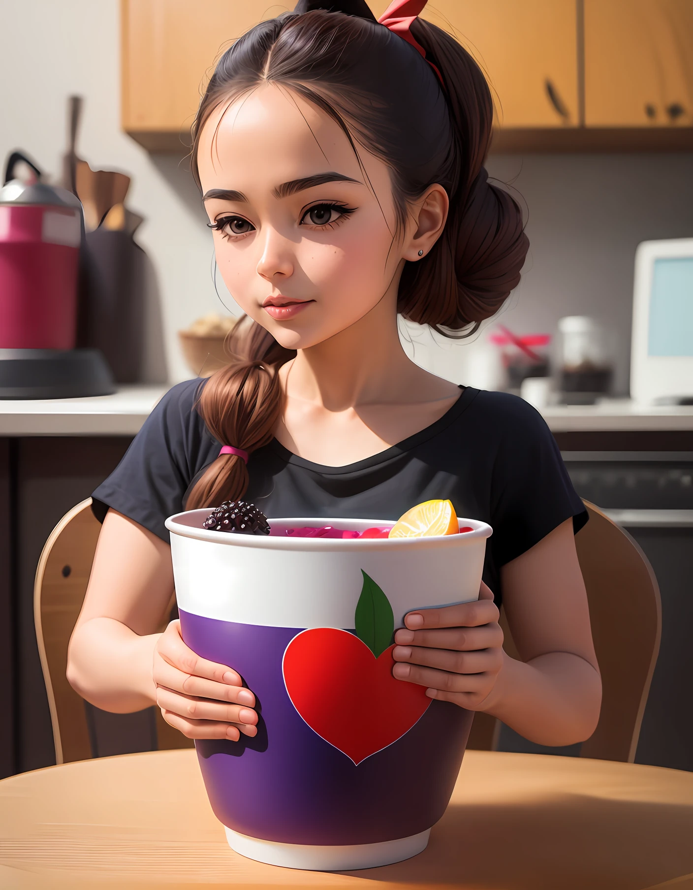 create an image of a cartoon doll holding a realistic acai cup