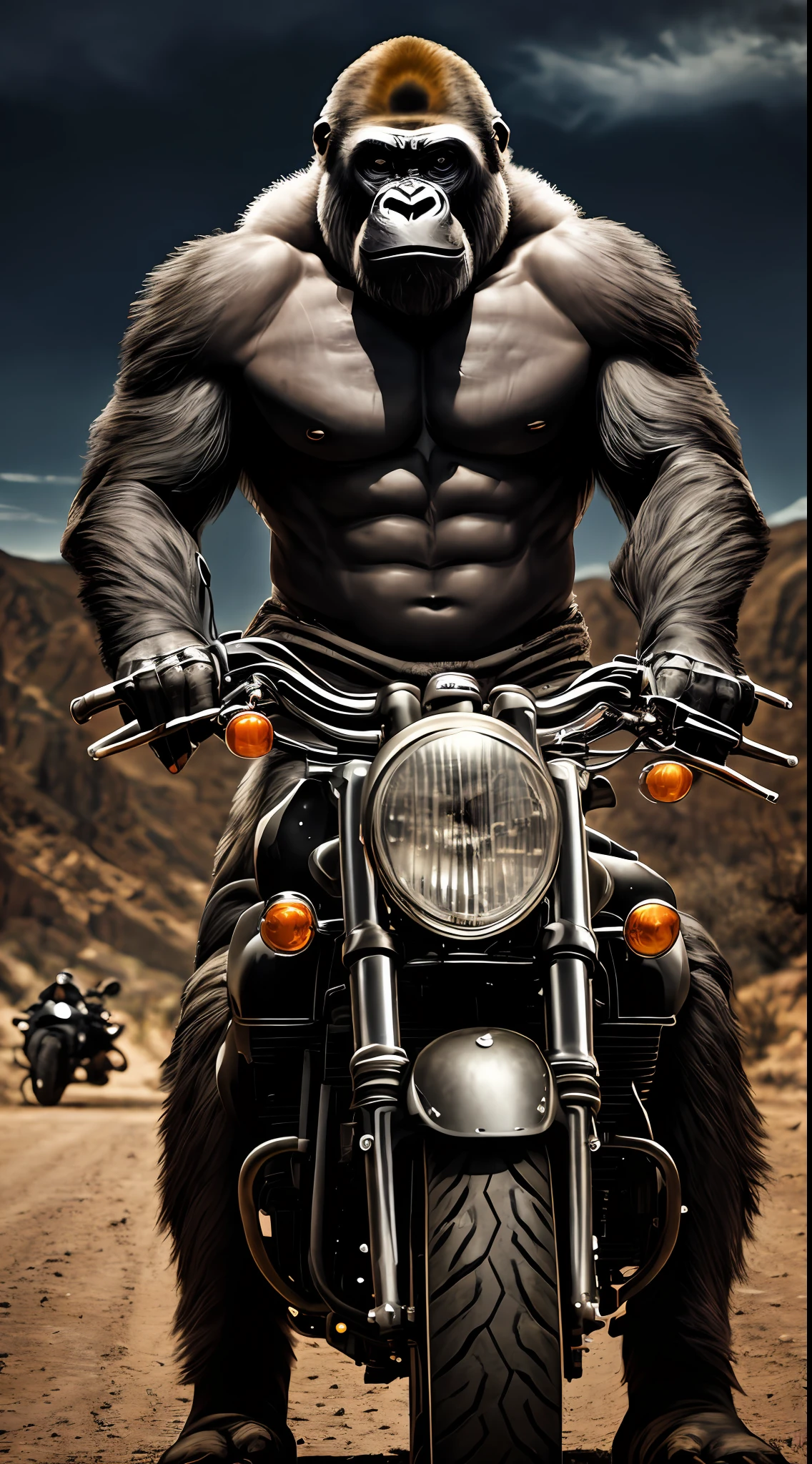 Gorilla, motorcycle in the desert at night (armybiker style: 1) bad face, angry face, SCAR on left eyebrow, scar, muscular, defined arms, defined chest, hand on handlebars, mounted on top of motorcycle, riding a Harley Davidson, model Iron 883, all black, matte black details, K raw photo, best quality, masterpiece, ultra high res, natural skin texture, realistic eyes and face details, realistic, looking at the viewer, dark forest, outdoor, photo, masterpiece, best quality, detailed, realistic, wearing crNanosuit, (senatorarmstrong)