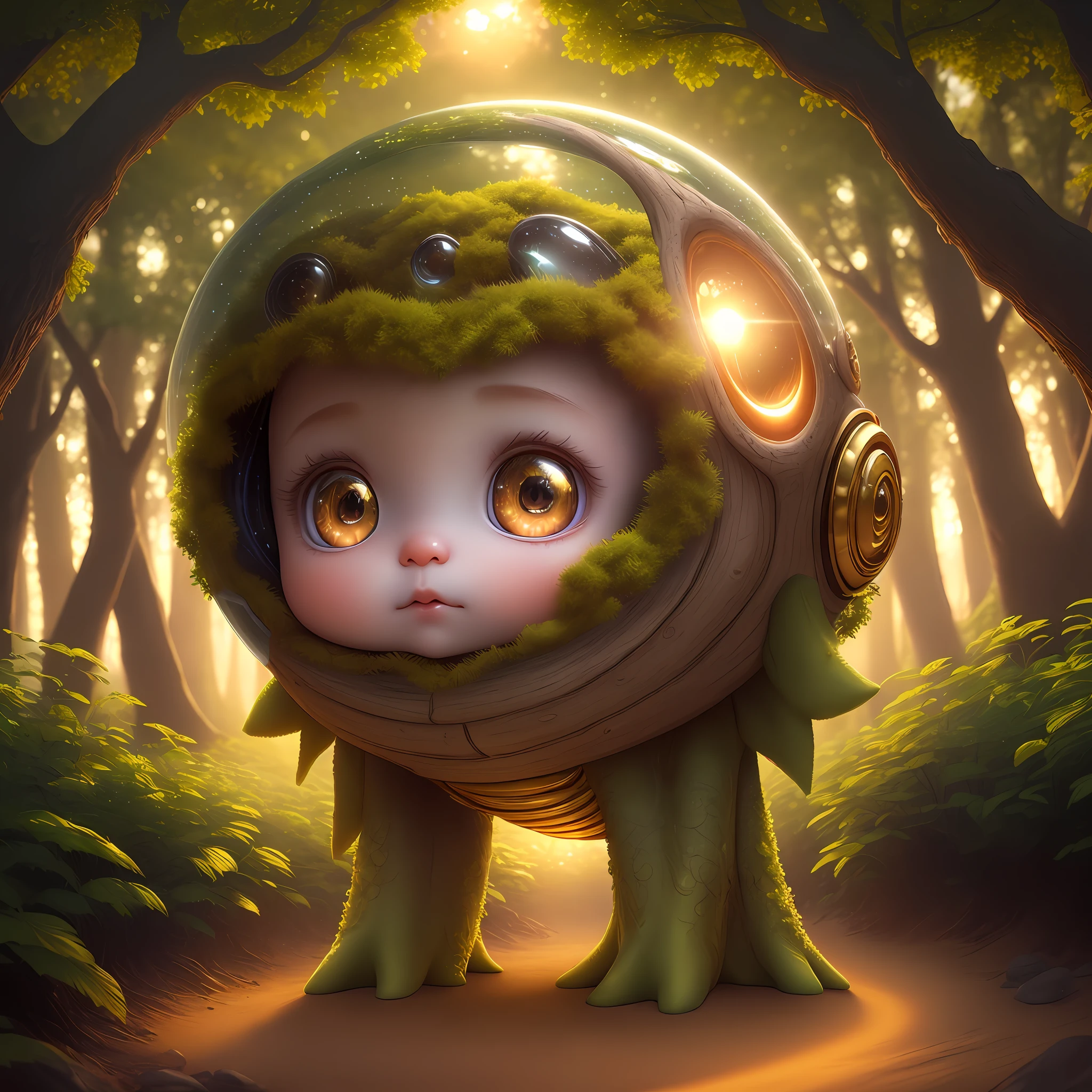 Baby Alien, ultra realistic, 8k quality, super cute, enchanted forest landscape, highly detailed, sunset, enchanted tree, golden over your body, light around body