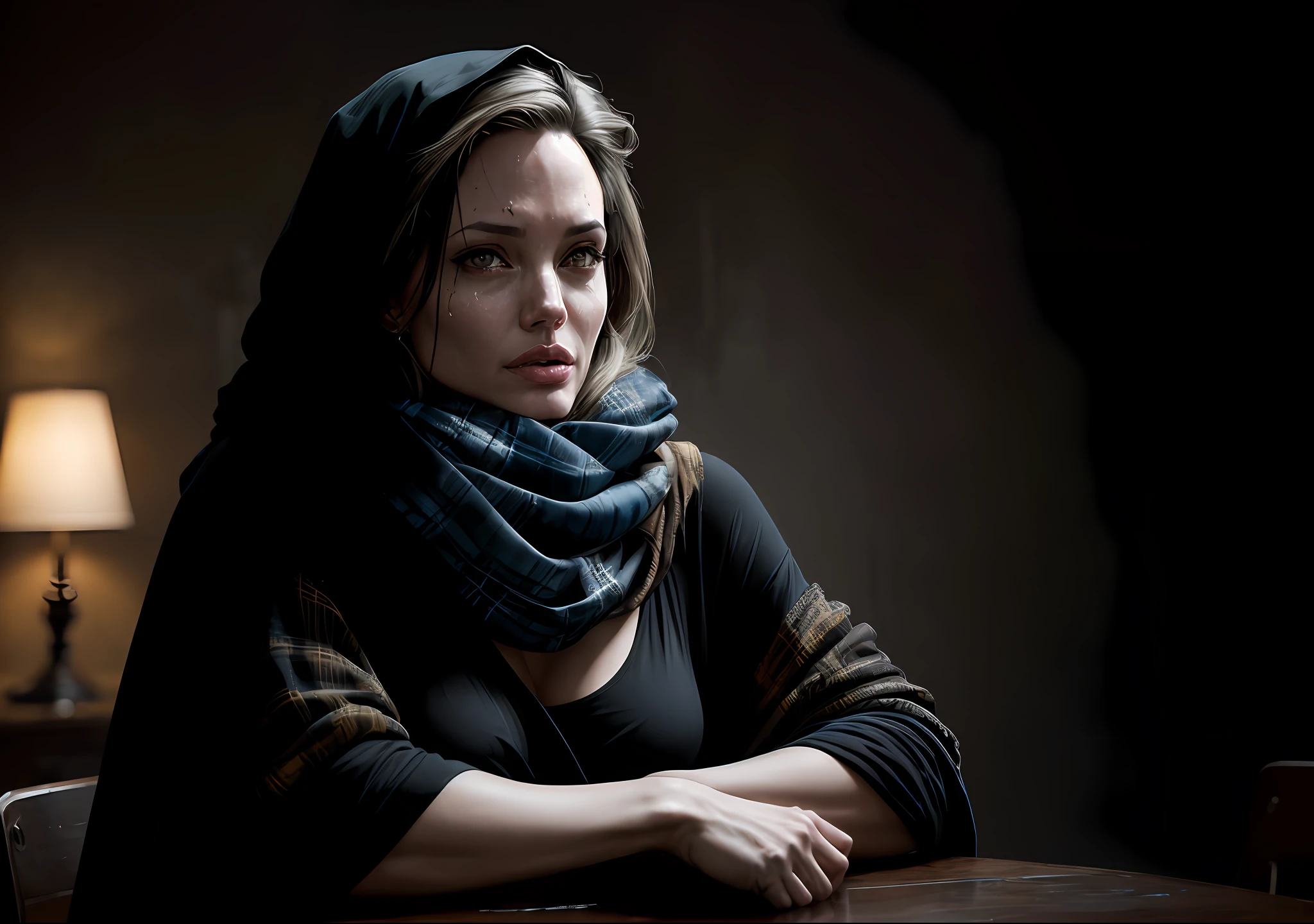 Angelina Jolie crying Dark photo: With her body covered, sitting feeling cold at an old table, realistic epic, halo portrait, blue eyes, plaid scarf, white hair by Atey Ghailan, by Greg Rutkowski, by Greg Tocchini, by James Gilleard, by Joe Fenton, by Kaethe Butcher, yellow gradient, black, brown and magenta color scheme, grunge aesthetic!!! Graffiti brand wall background, art by Greg Rutkowski and Artgerm, soft cinematic light, Adobe Lightroom, Photo Lab, HDR, intricate, highly detailed, (depth of field: 1.4), faded, (neutral colors: 1.2), (HDR: 1.4), (soft colors:1.2), hyperdetailed, (Artstation:1.4), cinematic, warm lights, dramatic light, (intricate details:1.1), complex background, (Rutkowski:0.66), (blue and orange:0.4)