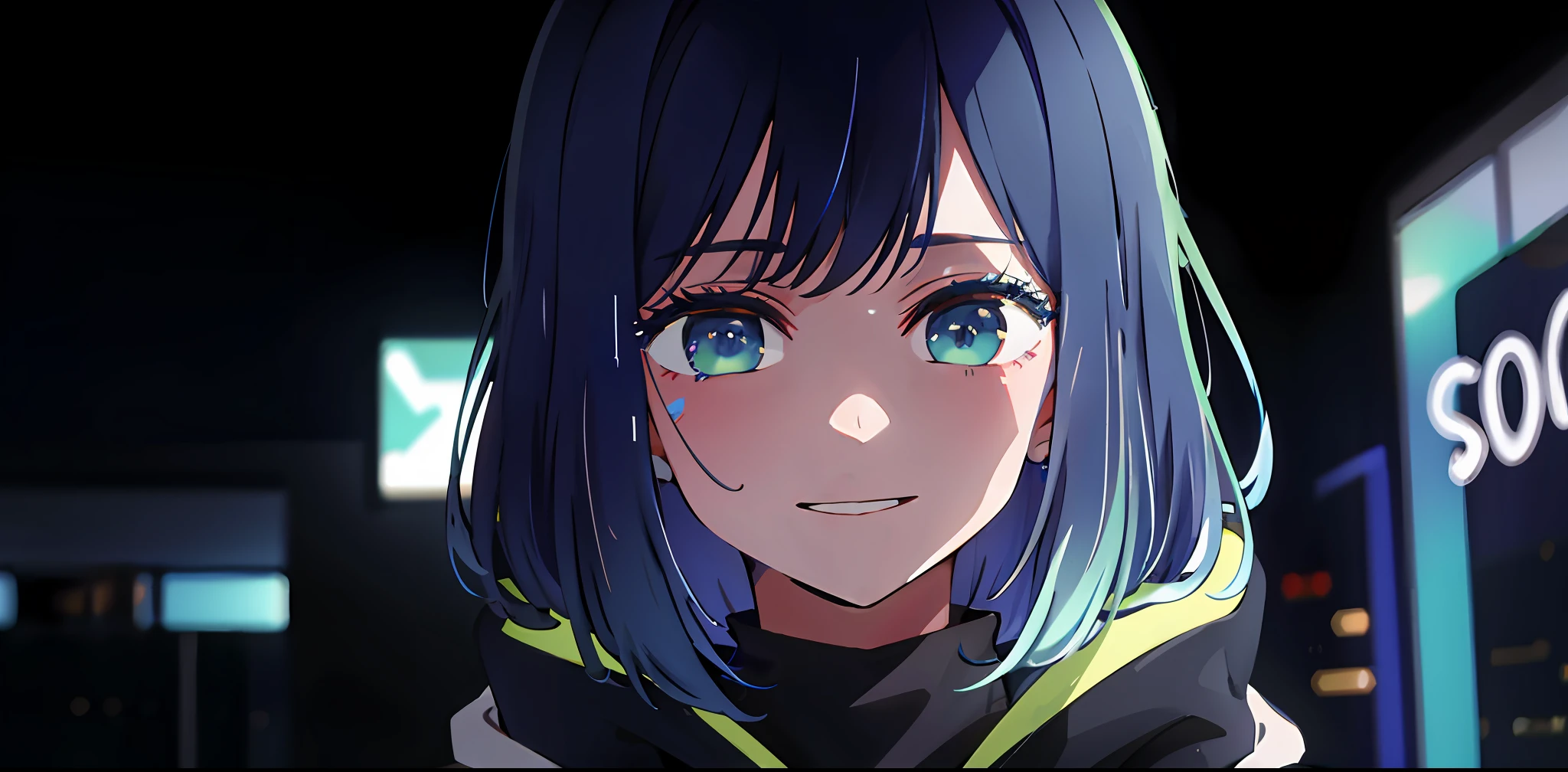 detailed background, masterpiece, best quality, smile, ornament, hoodie, portrait, blue neon, graffiti, dark, night, glowing eyes, blacklight