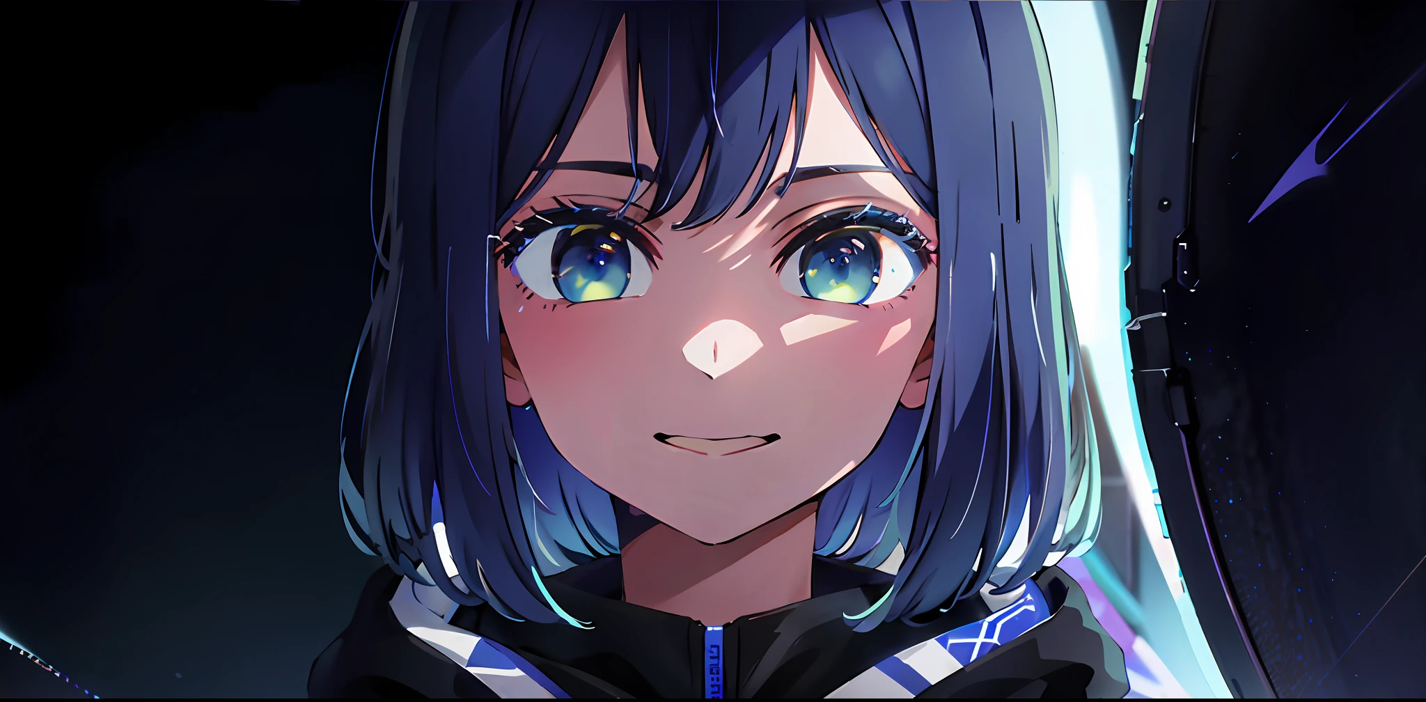 detailed background, masterpiece, best quality, smile, ornament, hoodie, portrait, blue neon, graffiti, dark, night, glowing eyes, blacklight