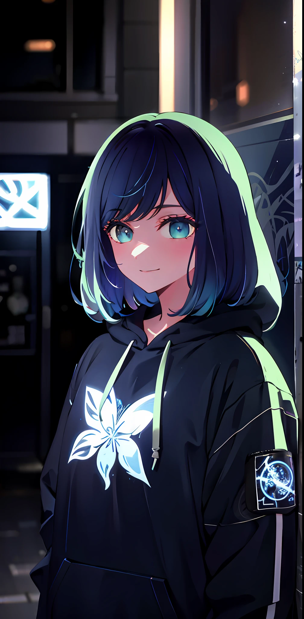detailed background, masterpiece, best quality, smile, ornament, hoodie, portrait, blue neon, graffiti, dark, night, glowing eyes, blacklight