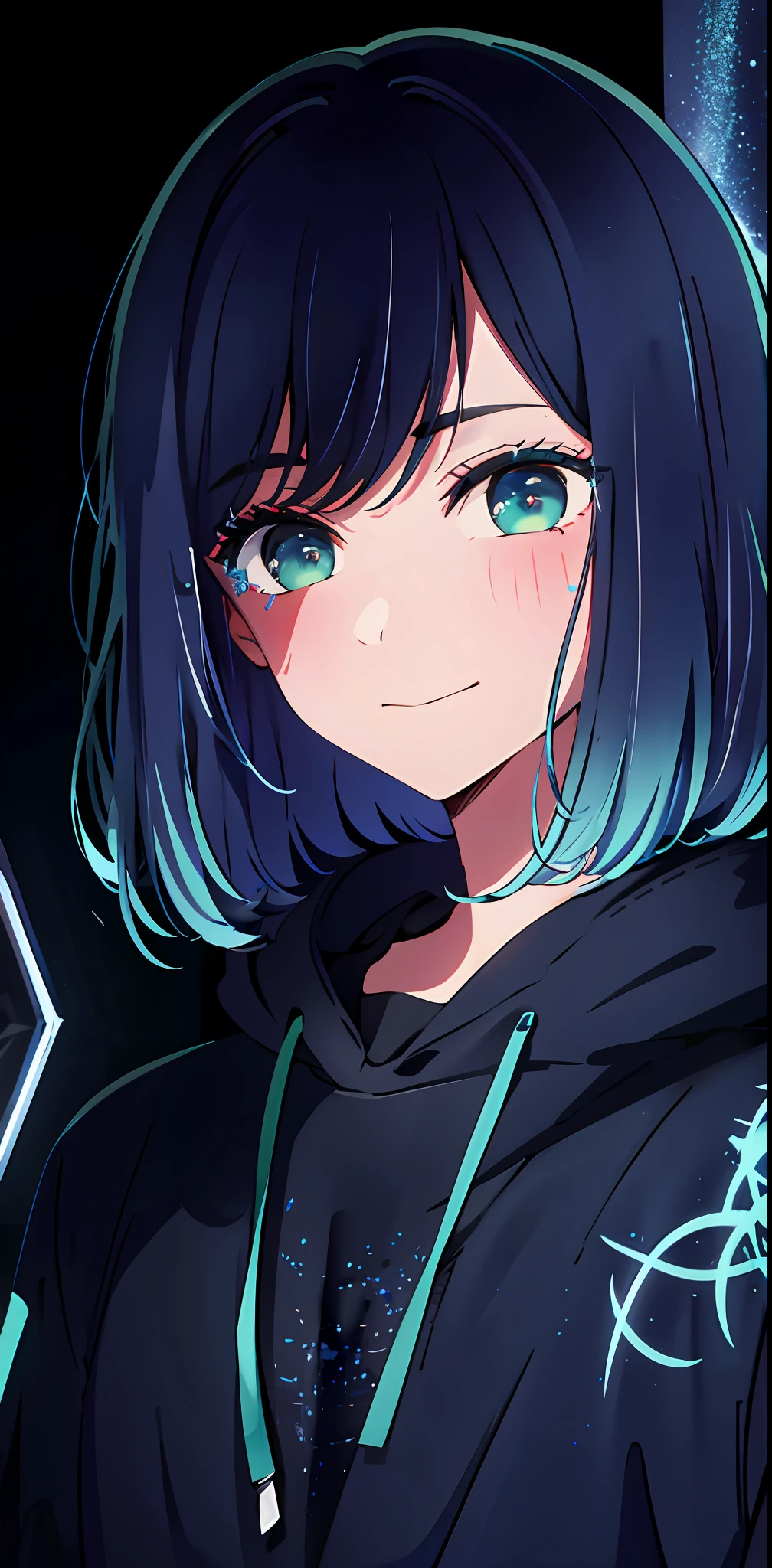 detailed background, masterpiece, best quality, smile, ornament, hoodie, portrait, blue neon, graffiti, dark, night, glowing eyes, blacklight