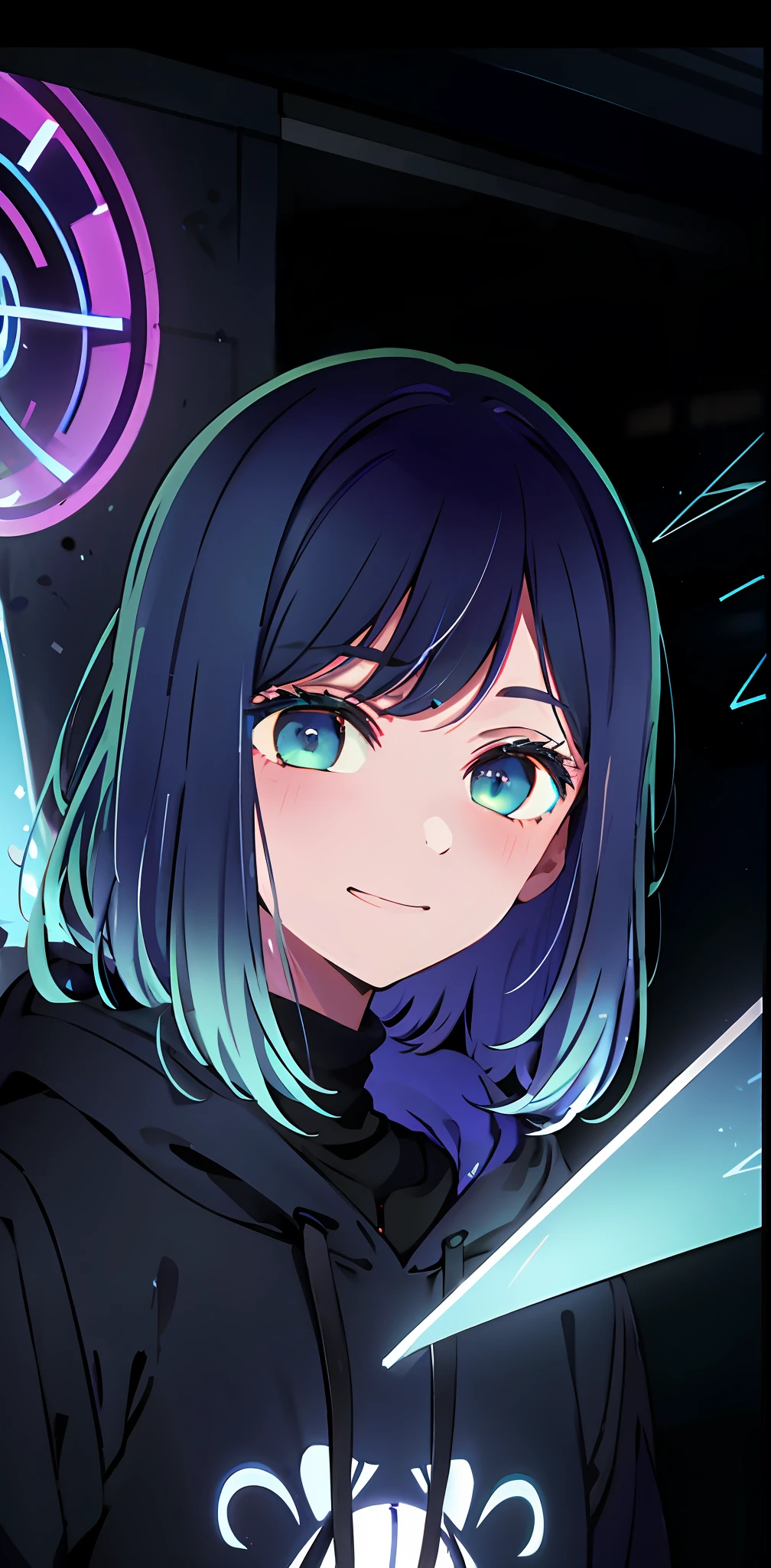 detailed background, masterpiece, best quality, smile, ornament, hoodie, portrait, blue neon, graffiti, dark, night, glowing eyes, blacklight