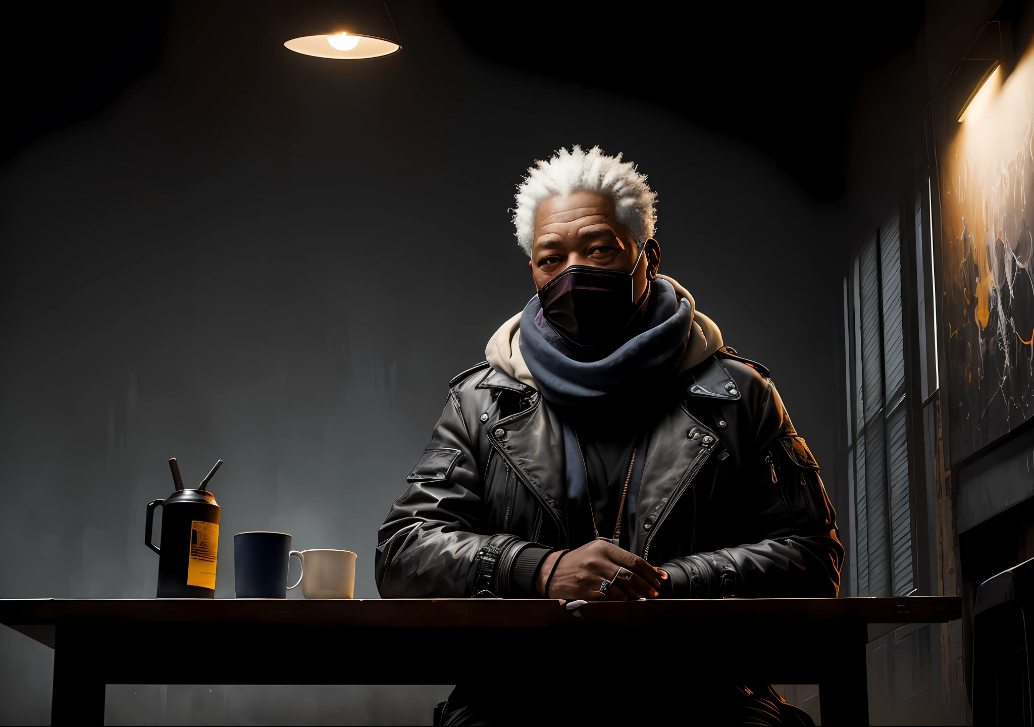 Morgan Freeman dark photo: with the body covered, sitting feeling cold at an old table, realistic epic, halo portrait, blue eyes, plaid scarf, white hair of Atey Ghailan, of Greg Rutkowski, of Greg Tocchini, of James Gilleard, of Joe Fenton, of Kaethe Butcher, yellow gradient, black, brown and magenta color scheme, grunge aesthetic!!! Graffiti brand wall background, art by Greg Rutkowski and Artgerm, soft cinematic light, Adobe Lightroom, Photo Lab, HDR, intricate, highly detailed, (depth of field: 1.4), faded, (neutral colors: 1.2), (HDR: 1.4), (soft colors:1.2), hyperdetailed, (Artstation:1.4), cinematic, warm lights, dramatic light, (intricate details:1.1), complex background, (Rutkowski:0.66), (blue and orange:0.4)