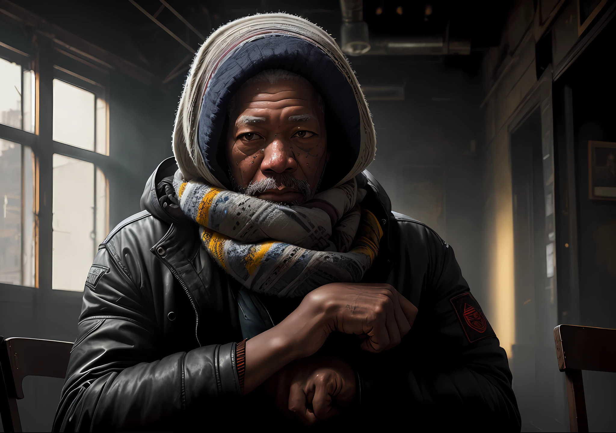 Morgan Freeman dark photo: with the body covered, sitting feeling cold at an old table, realistic epic, halo portrait, blue eyes, plaid scarf, white hair of Atey Ghailan, of Greg Rutkowski, of Greg Tocchini, of James Gilleard, of Joe Fenton, of Kaethe Butcher, yellow gradient, black, brown and magenta color scheme, grunge aesthetic!!! Graffiti brand wall background, art by Greg Rutkowski and Artgerm, soft cinematic light, Adobe Lightroom, Photo Lab, HDR, intricate, highly detailed, (depth of field: 1.4), faded, (neutral colors: 1.2), (HDR: 1.4), (soft colors:1.2), hyperdetailed, (Artstation:1.4), cinematic, warm lights, dramatic light, (intricate details:1.1), complex background, (Rutkowski:0.66), (blue and orange:0.4)