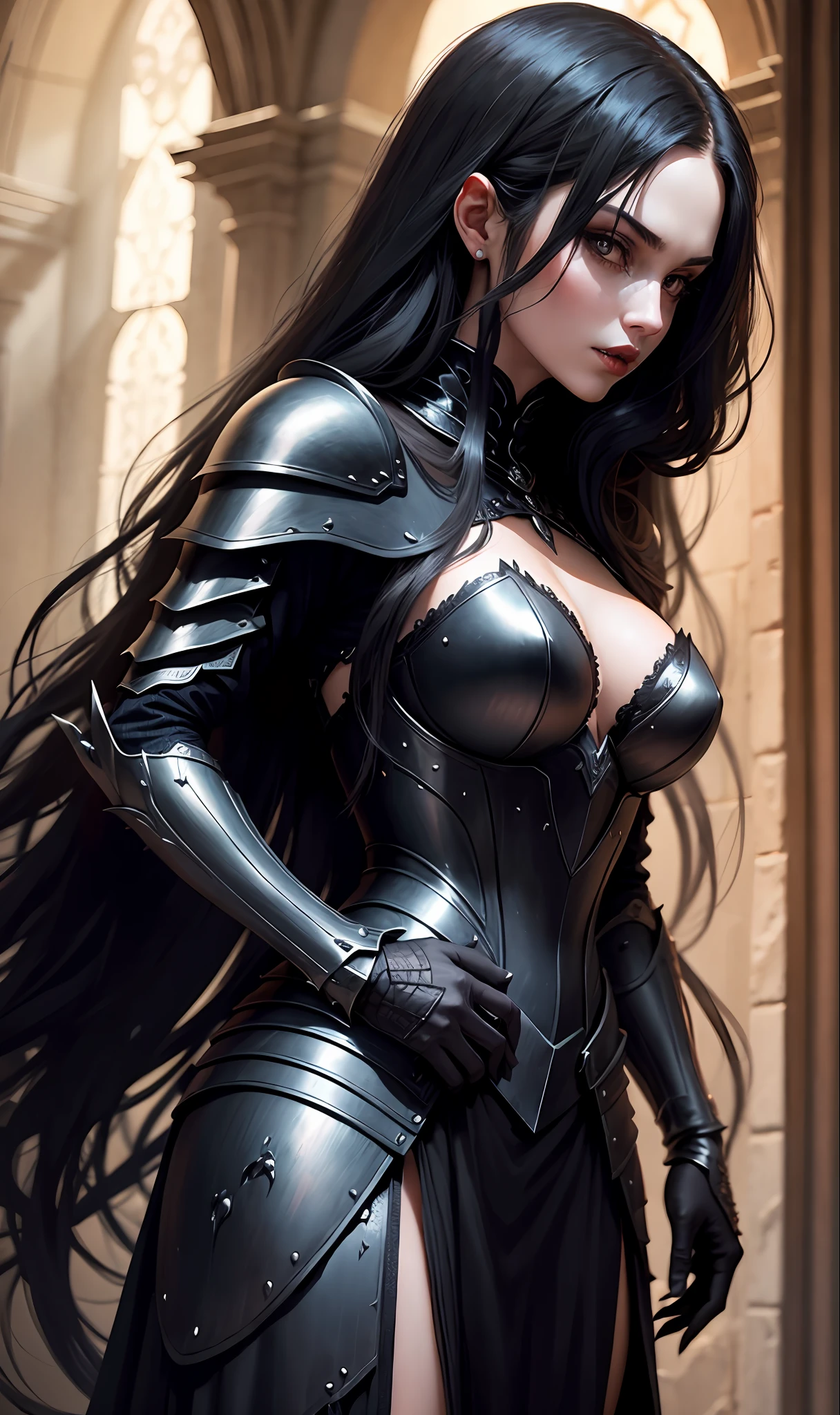 Beautiful Detailed Woman Long Hair Black Vampire Armor