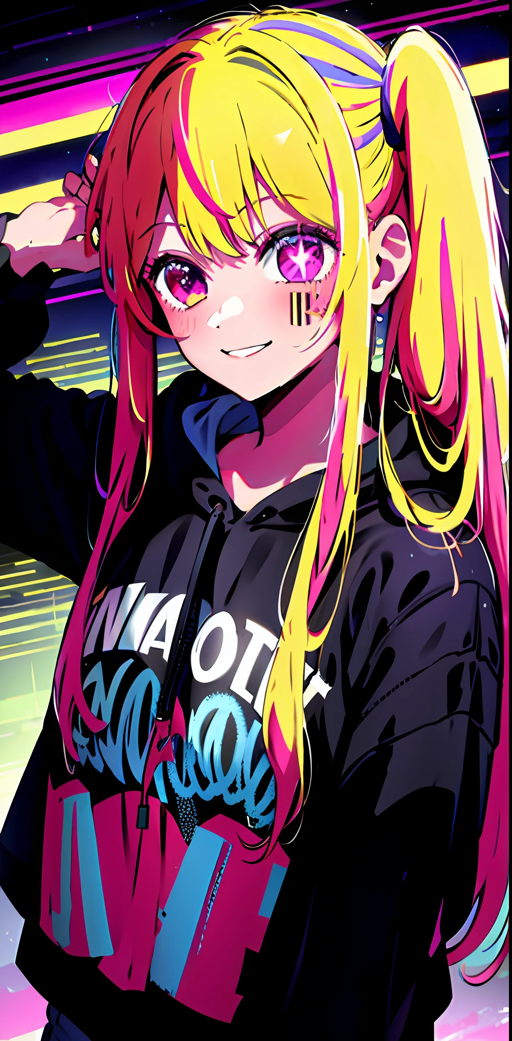 detailed background, masterpiece, best quality, smile, ornament, hoodie, portrait, neon, graffiti, dark, night, glowing eyes, blacklight, 1girl, solo, star-shaped pupils in left eye, orange hair, long hair, pink eyes, multicolored frilly clothes, blonde, bangs,posing, multicolored hair, (simple background:1.2), (cute:1.5), hair tie,