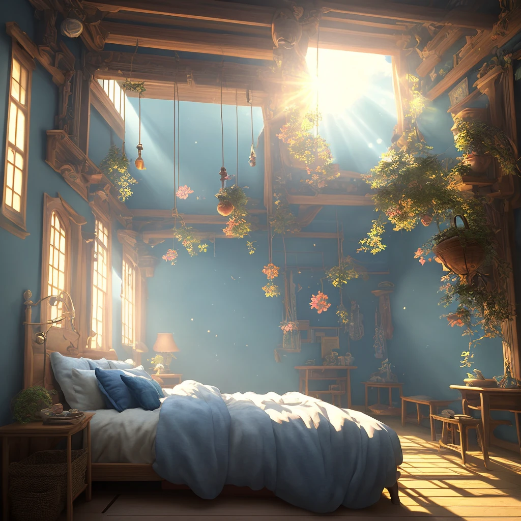 there is a bed in a room with a blue wall, anime art, realistic explosion, glorious sunlight, pixar art style, dirty room, inspired by Torii Kiyomasu, inspired by Hermione Hammond, a large room, extremely hyper-detailed, alicization, a sunny room, archviz, arknights, the artist used light, Ghibli-like colours, Ghibli-like colours, chiaroscuro, best quality