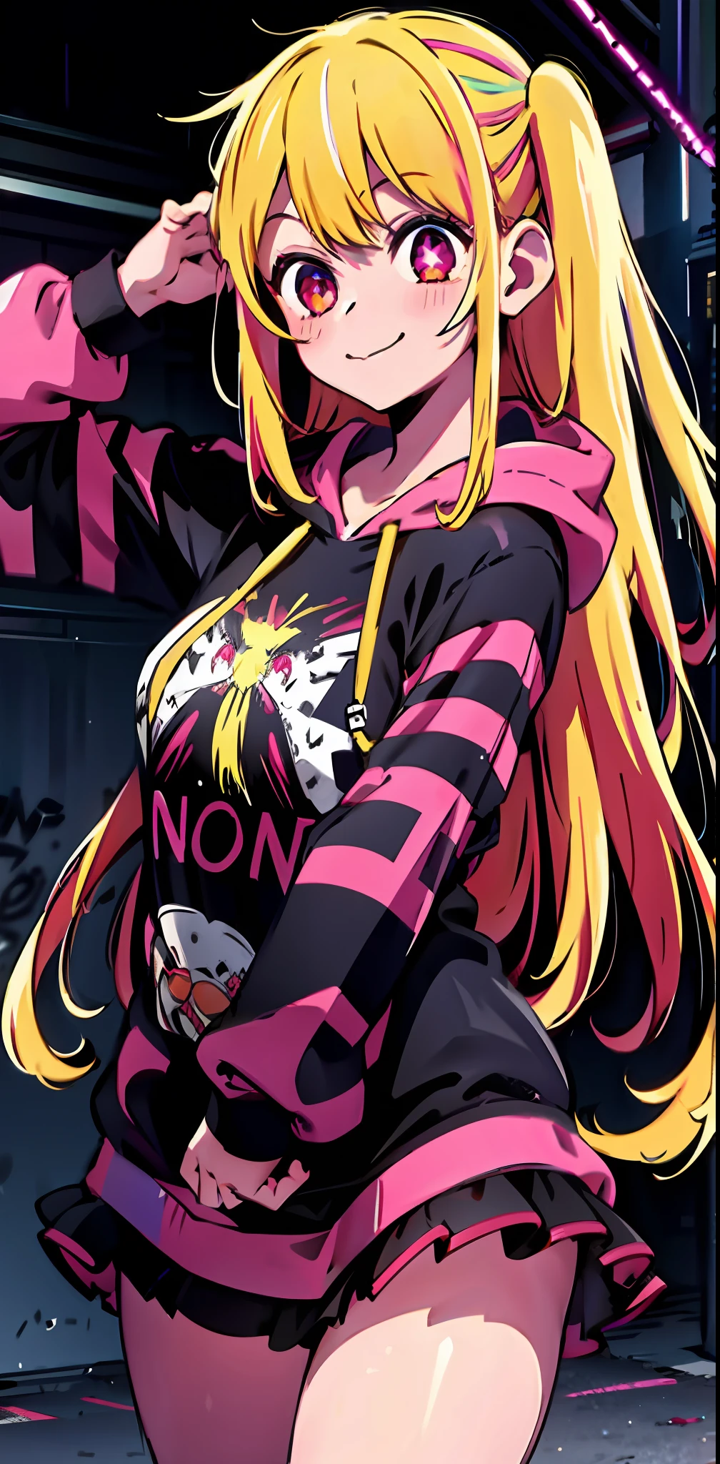 detailed background, masterpiece, best quality, smile, ornament, hoodie, portrait, neon, graffiti, dark, night, glowing eyes, blacklight, 1girl, solo, star-shaped pupils in left eye, orange hair, long hair, pink eyes, multicolored frilly clothes, blonde, bangs,posing, multicolored hair, (simple background:1.2), (cute:1.5), hair tie,
