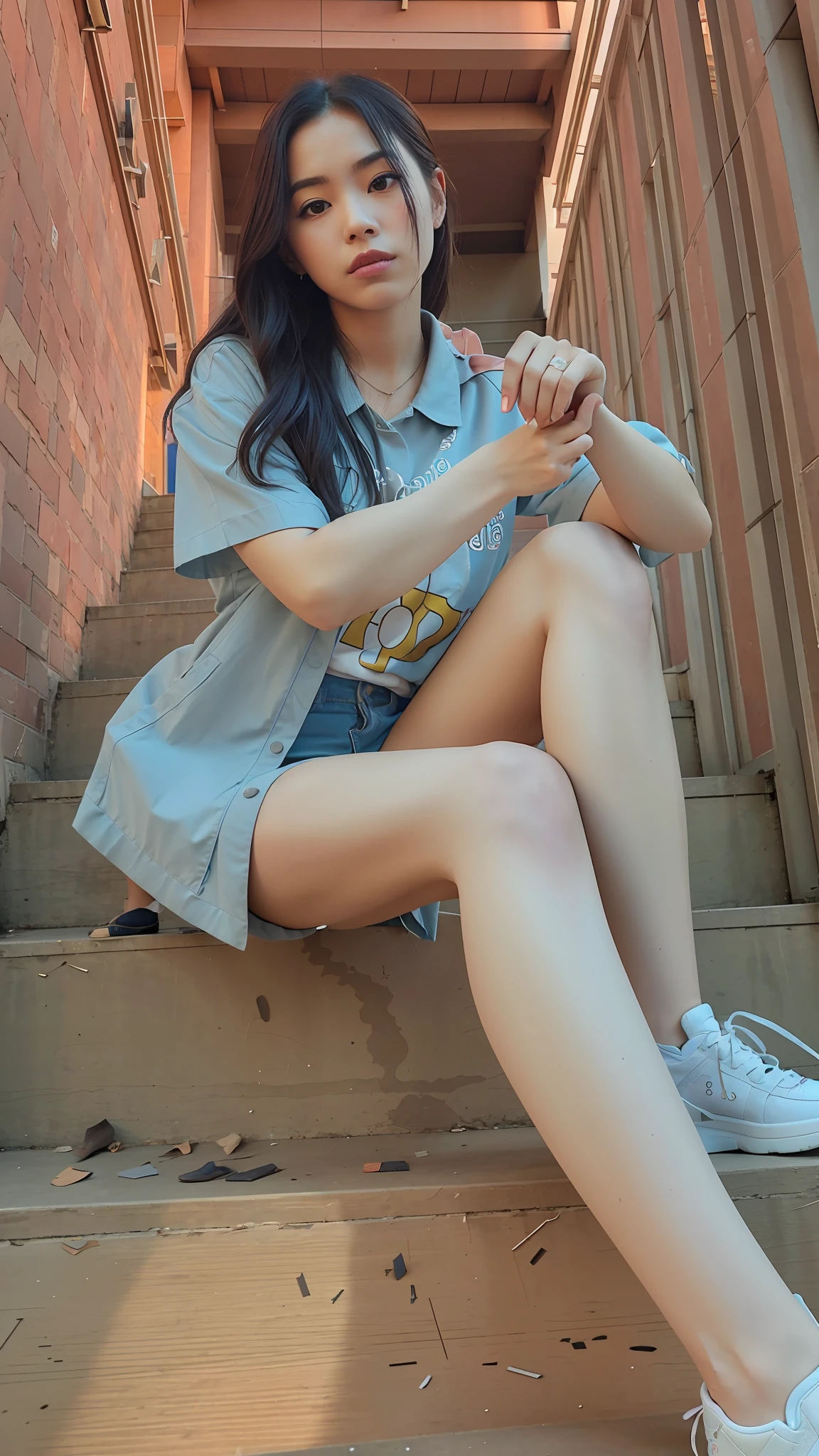 there is a woman sitting on the steps of a building, casual pose, outfit photo, casual photography, captured on canon eos r 6, 🤬 🤮 💕 🎀, 35mm —w 1920 —h 1080, taken with canon 8 0 d, 8k)), very very low quality picture, low quality photograph