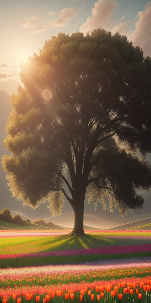 Best quality, realistic, realistic, super fine, "Help me draw a landscape, in the field, tulips all over the ground, flowers near very high-definition, and a big tree next to it In the distance is the sunset that is about to set in the evening The picture is very beautiful ( (extremely delicate and beautiful)), dramatic_shadow, ray_tracing, HDR