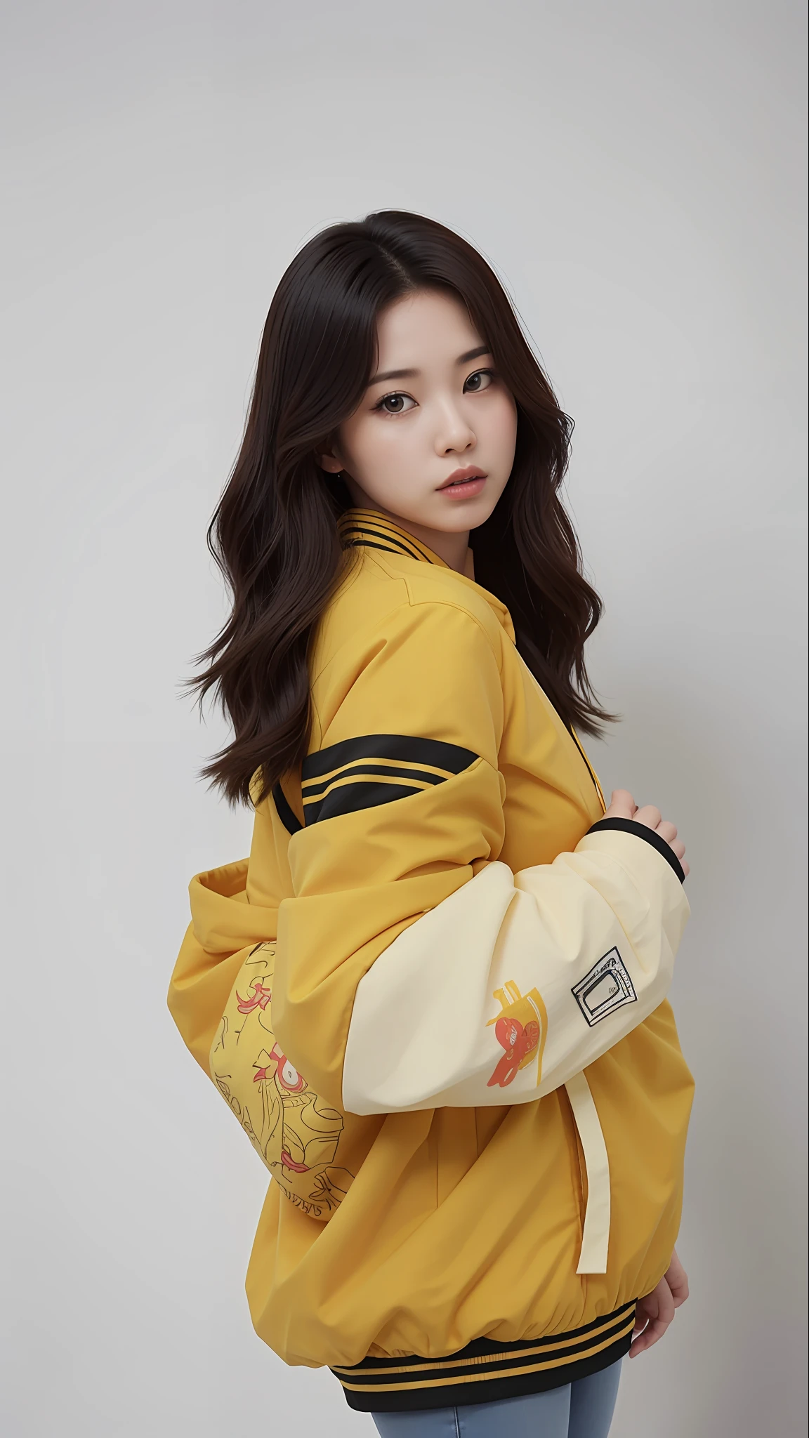 araffe woman in a yellow jacket and jeans posing for a picture, fanart, pokimane, official fanart, gemma chen, cindy avelino, promotional picture, with yellow cloths, photoshoot, official art, gongbi, inspired by Yang Borun, inspired by Yang J, kuntilanak, official artwork, zenra taliyah, traditional art