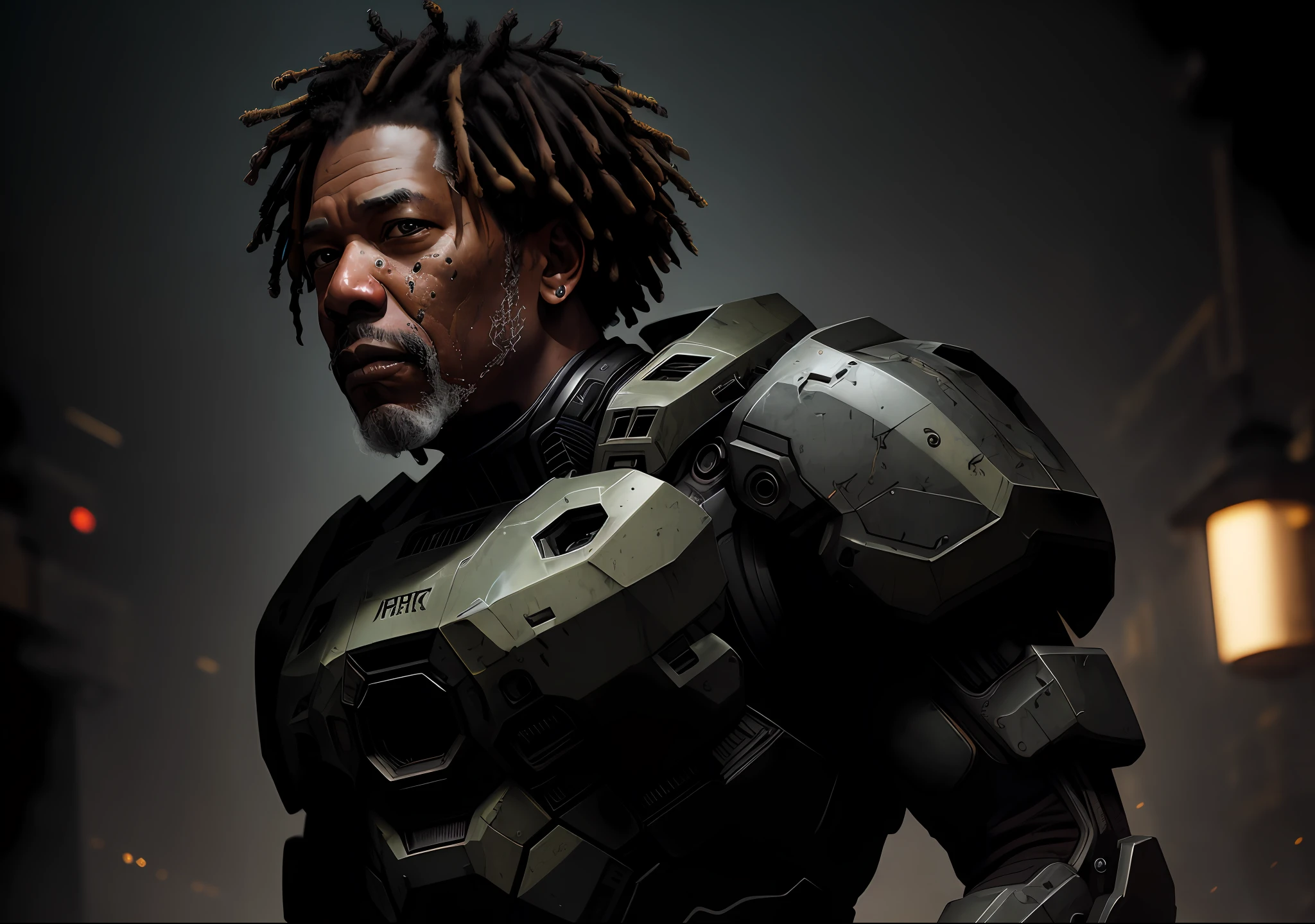 Morgan Freeman dark photo: working on machine mechanics, realistic epic, halo portrait, eyes of Atey Ghailan, Greg Rutkowski, Greg Tocchini, James Gilleard, Joe Fenton, Kaethe Butcher, yellow gradient, black, brown and magenta color scheme, grunge aesthetic!!! Graffiti brand wall background, art by Greg Rutkowski and Artgerm, soft cinematic light, Adobe Lightroom, Photo Lab, HDR, intricate, highly detailed, (depth of field: 1.4), faded, (neutral colors: 1.2), (HDR: 1.4), (soft colors:1.2), hyperdetailed, (Artstation:1.4), cinematic, warm lights, dramatic light, (intricate details:1.1), complex background, (Rutkowski:0.66), (blue and orange:0.4)