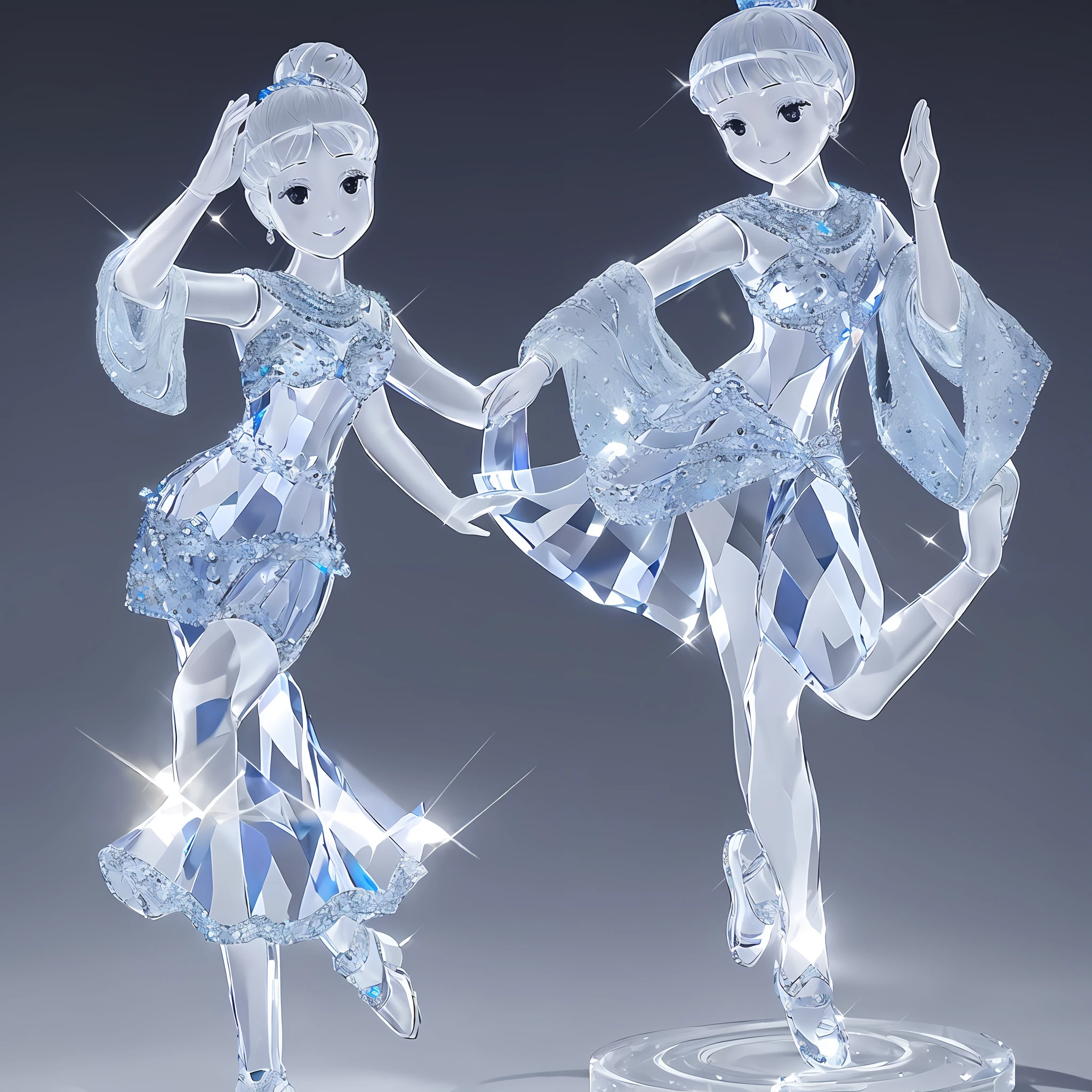 crystallthings, glass figurine, crystal, dance outfit, light smile, obi, simple background, smile, solo, hair bun,