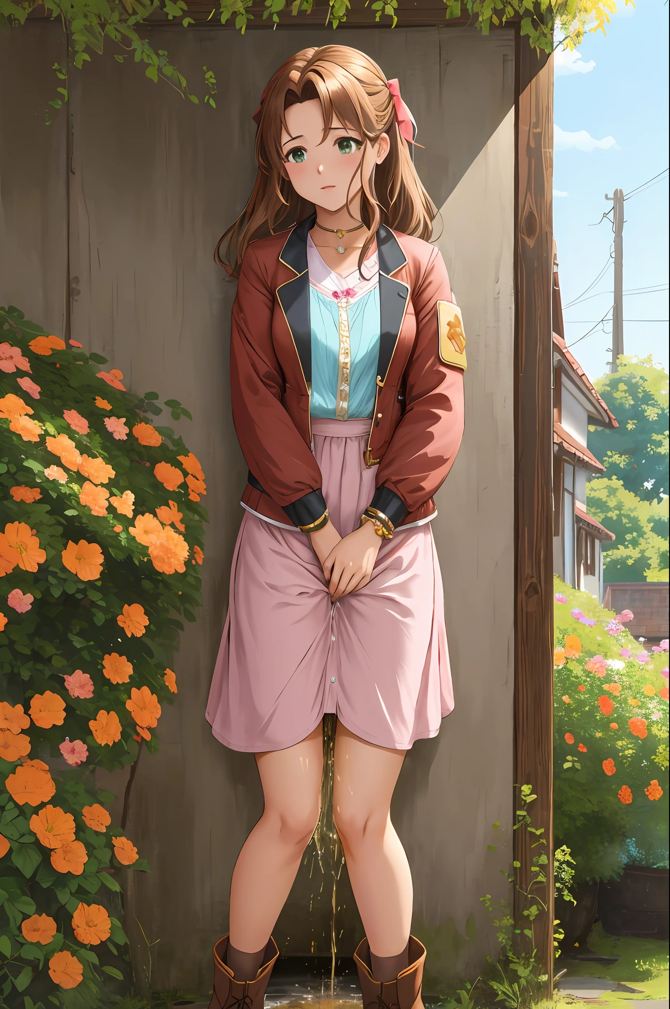 CG, upskirt view, legs together, perfect atwork, peeing, peeing herself, her own urine is trickling down her legs, perfect female figure, Aerith Gainsborough, holding small flower basket, peeing down her legs, green eyes, surrounded by other people, standing in very busy midgar city street, sunny, choker, cropped jacket, hair bow, bracelet, long pink dress, brown ankle boots, looking down nervously, shy, embarrassed, aroused, shocked, panicking, worried, outdoors, a small puddle of her own urine is forming around her feet on the dry ground, very desperate to pee, wetting herself, urination, high detail, Realism, Hyperrealism, three sided view, ccurate, masterpiece, highres, UHD, anatomically correct, super detail, best quality, highres, 8k