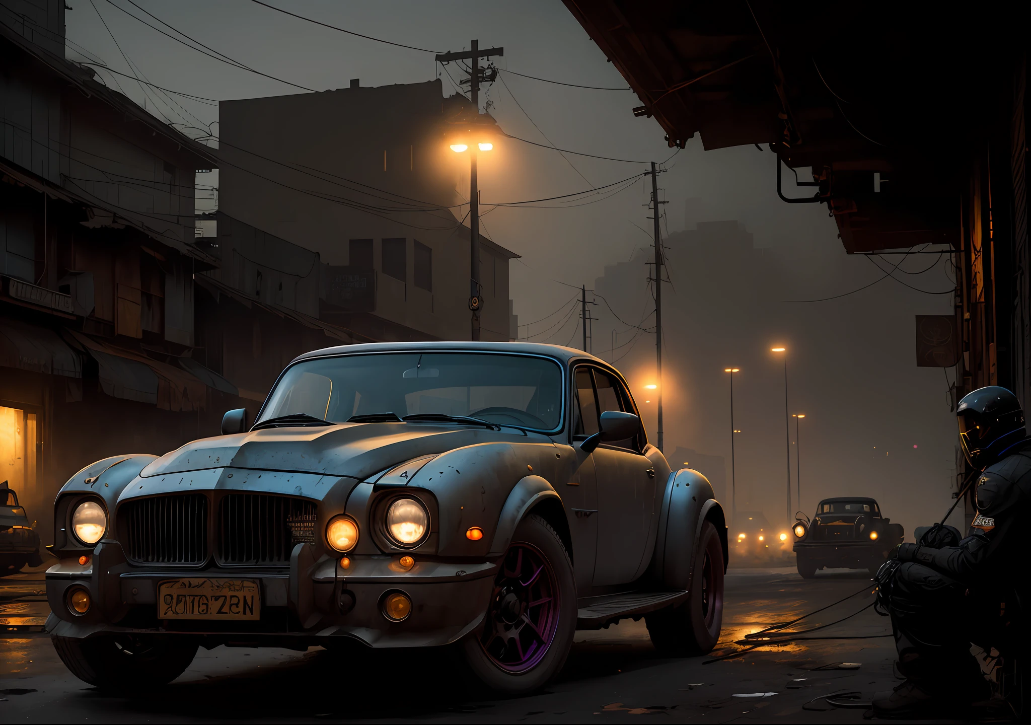 Morgan Freeman dark photo: sitting next to an old car, realistic epic, halo portrait, eyes of Atey Ghailan, Greg Rutkowski, Greg Tocchini, James Gilleard, Joe Fenton, Kaethe Butcher, yellow gradient, black, brown and magenta color scheme, grunge aesthetic!!! Graffiti brand wall background, art by Greg Rutkowski and Artgerm, soft cinematic light, Adobe Lightroom, Photo Lab, HDR, intricate, highly detailed, (depth of field: 1.4), faded, (neutral colors: 1.2), (HDR: 1.4), (soft colors:1.2), hyperdetailed, (Artstation:1.4), cinematic, warm lights, dramatic light, (intricate details:1.1), complex background, (Rutkowski:0.66), (blue and orange:0.4)