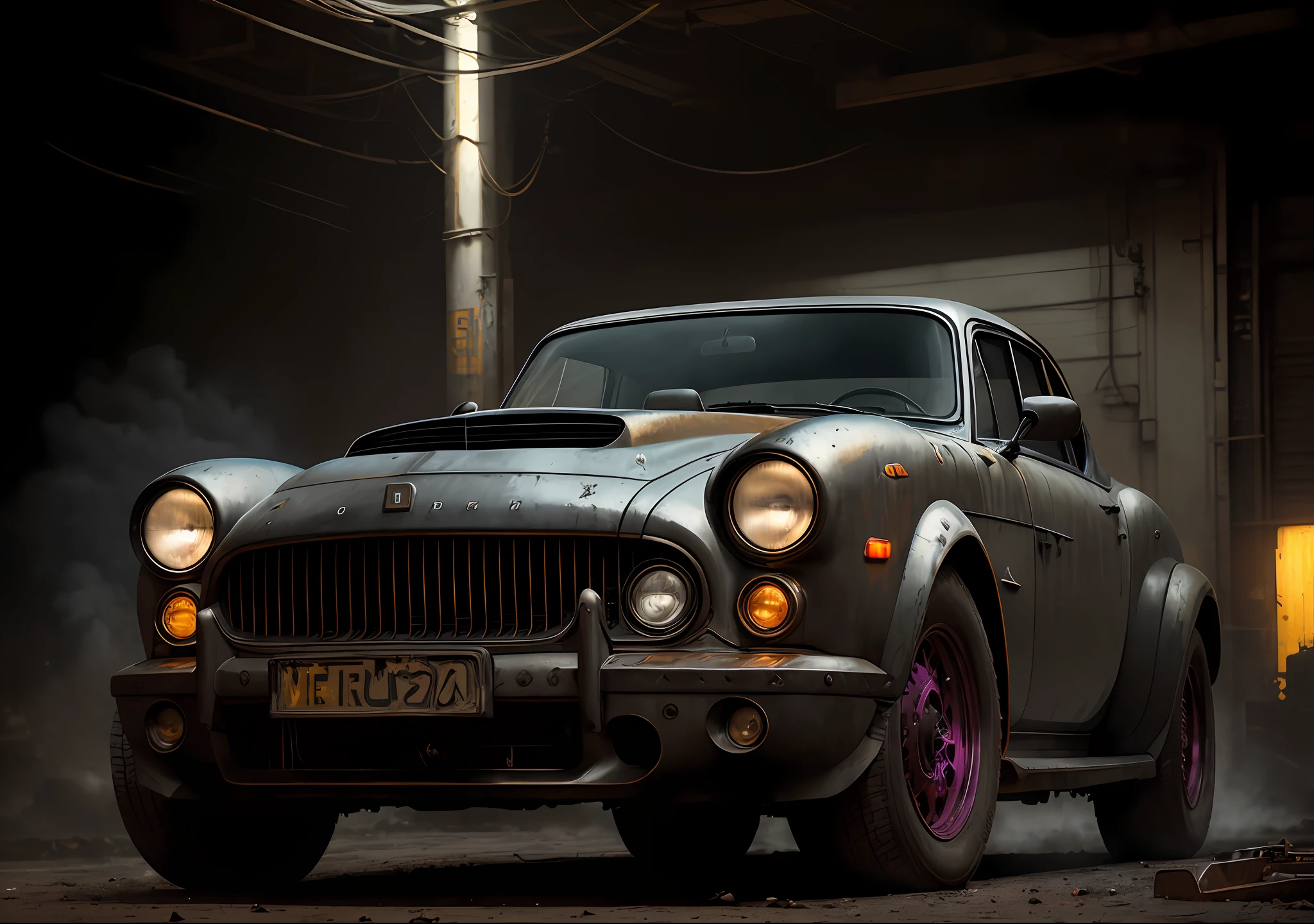 Morgan Freeman dark photo: sitting next to an old car, realistic epic, halo portrait, eyes of Atey Ghailan, Greg Rutkowski, Greg Tocchini, James Gilleard, Joe Fenton, Kaethe Butcher, yellow gradient, black, brown and magenta color scheme, grunge aesthetic!!! Graffiti brand wall background, art by Greg Rutkowski and Artgerm, soft cinematic light, Adobe Lightroom, Photo Lab, HDR, intricate, highly detailed, (depth of field: 1.4), faded, (neutral colors: 1.2), (HDR: 1.4), (soft colors:1.2), hyperdetailed, (Artstation:1.4), cinematic, warm lights, dramatic light, (intricate details:1.1), complex background, (Rutkowski:0.66), (blue and orange:0.4)