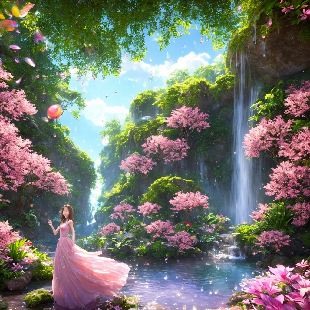 [(extremely detailed CG unity 8k wallpaper,masterpiece, best quality, ultra-detailed),(best illumination, best shadow, an extremely delicate and beautiful),(1girl),long hair,fair skin,pink dress,smiling,tropical garden,greenery, pink flowers,blue sky,rippling water,wide shot, sunlit foreground]:0.85, [:(colorful forest,depth of field,(many flying drops of water:1.2),petals,toys around,wind,leaves,grasslands,Volumetric light):0.4]