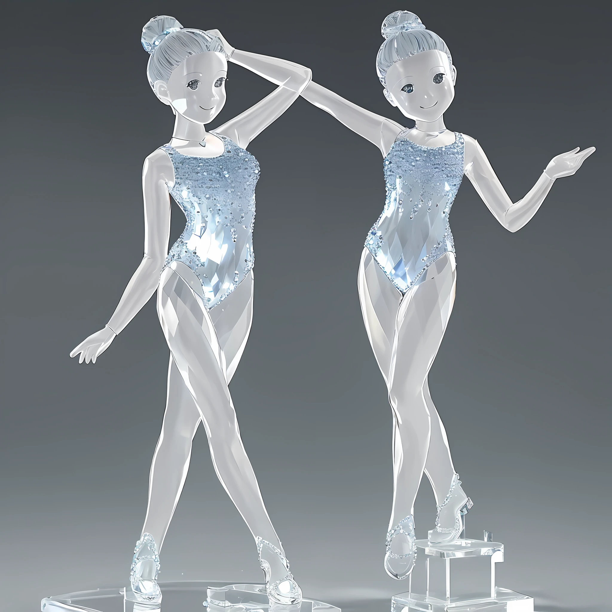 crystallthings, glass figurine, crystal, leotard, light smile, obi, simple background, smile, solo, hair bun, full body