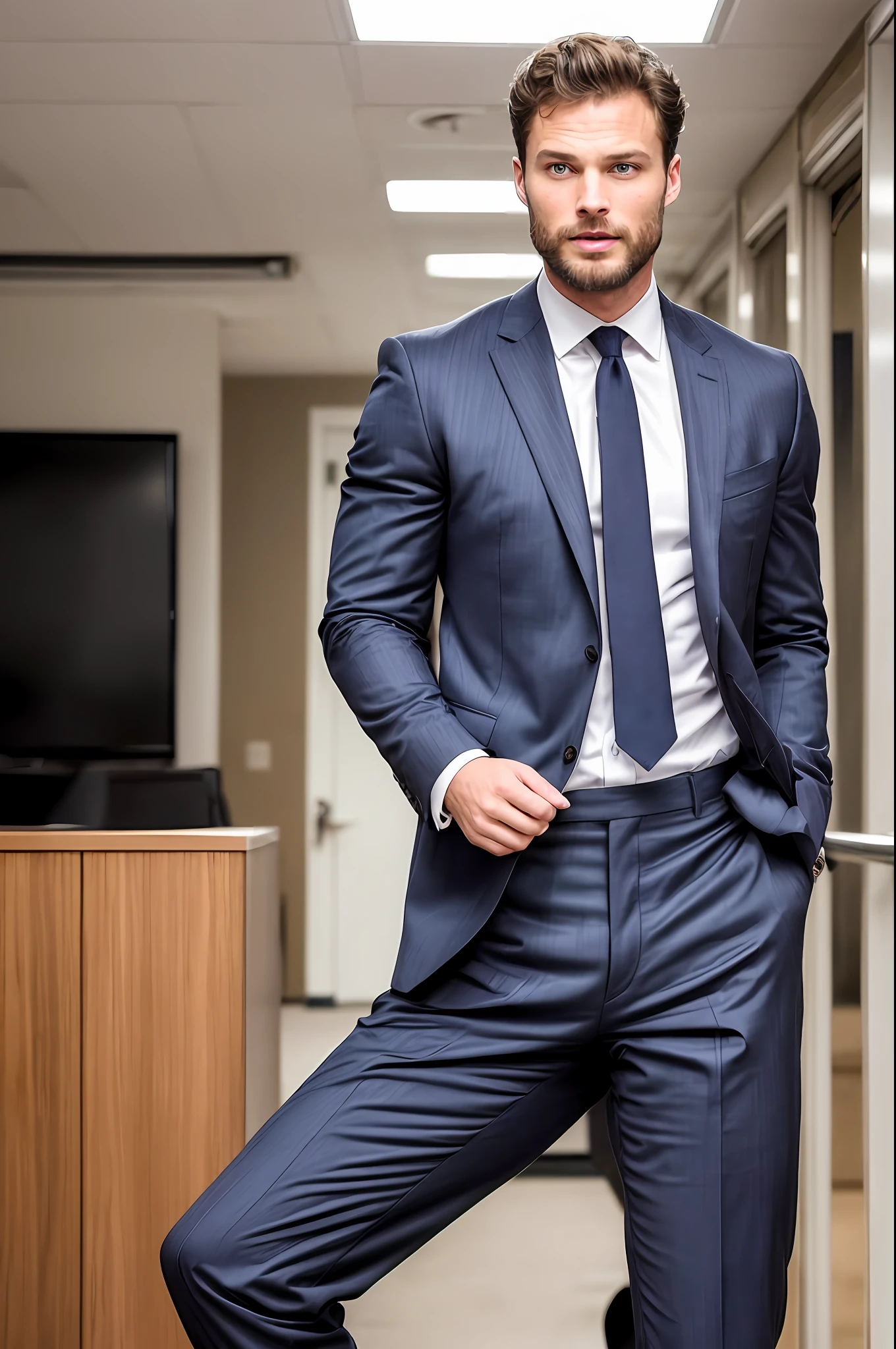 ((half body)) RAW photo of a Ceo man wearing a suit, with an attractive beard, similar to actor Jamie Dornan.