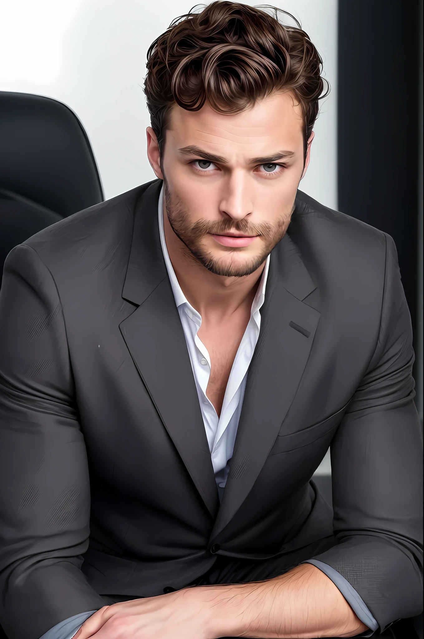 ((half body)) RAW Photo Ceo man sitting in an office chair, wearing black suit, (Using dark and attractive beard) movie scene, (Impeccable) ,Serious and elegant man, Actor Jamie Dornan, with thick male eyebrows, secret agent 007 man style, (with mysterious and serious face,) short dark hair, dark black background image,elegant and elegant, Man similar to actor Jamie Dornan,  ( high quality and realistic image), ((Best Quality, 8k, Masterpiece).