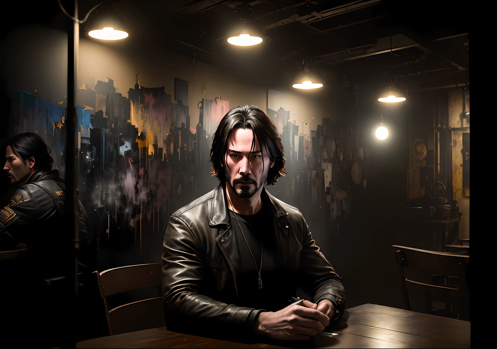 Keanu Reeves Dark photo: sitting next to an old boat, realistic epic, portrait, eyes of Atey Ghailan, Greg Rutkowski, Greg Tocchini, James Gilleard, Joe Fenton, Kaethe Butcher, yellow gradient, black, brown and magenta color scheme, grunge aesthetic!!! Graffiti brand wall background, art by Greg Rutkowski and Artgerm, soft cinematic light, Adobe Lightroom, Photo Lab, HDR, intricate, highly detailed, (depth of field: 1.4), faded, (neutral colors: 1.2), (HDR: 1.4), (soft colors:1.2), hyperdetailed, (Artstation:1.4), cinematic, warm lights, dramatic light, (intricate details:1.1), complex background, (Rutkowski:0.66), (blue and orange:0.4)