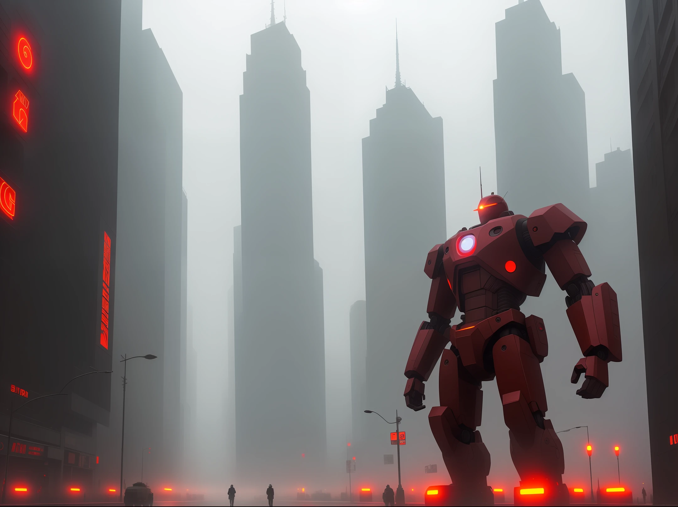 Red giant robot in foggy city with dystopian appearance