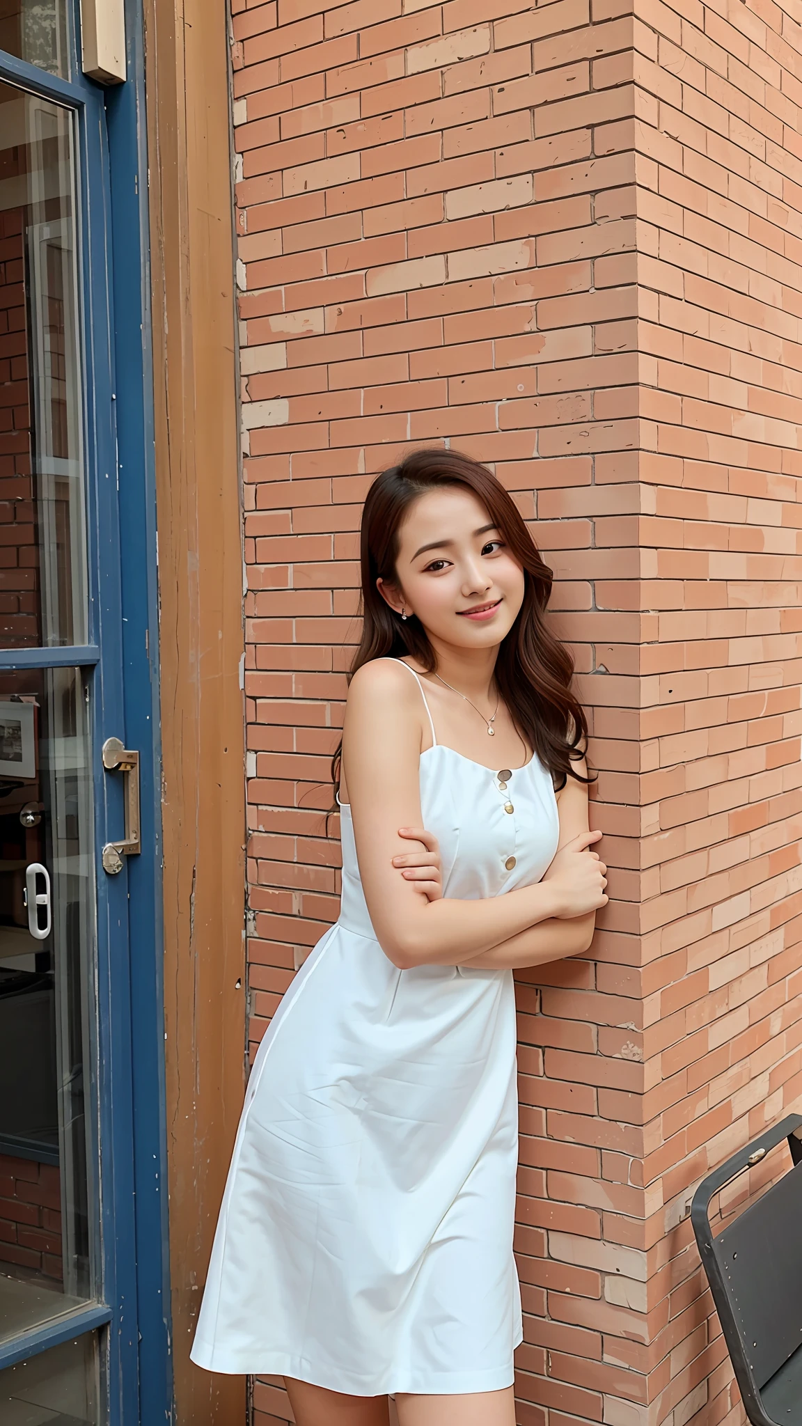 arafed woman leaning against a brick wall in a white dress, dilraba dilmurat, 🤬 🤮 💕 🎀, in white clothes, profile image, wearing a cute white dress, wearing white dress, a cute young woman, wearing white camisole, nivanh chanthara, beautiful young korean woman, profile picture, a young asian woman, cute smile