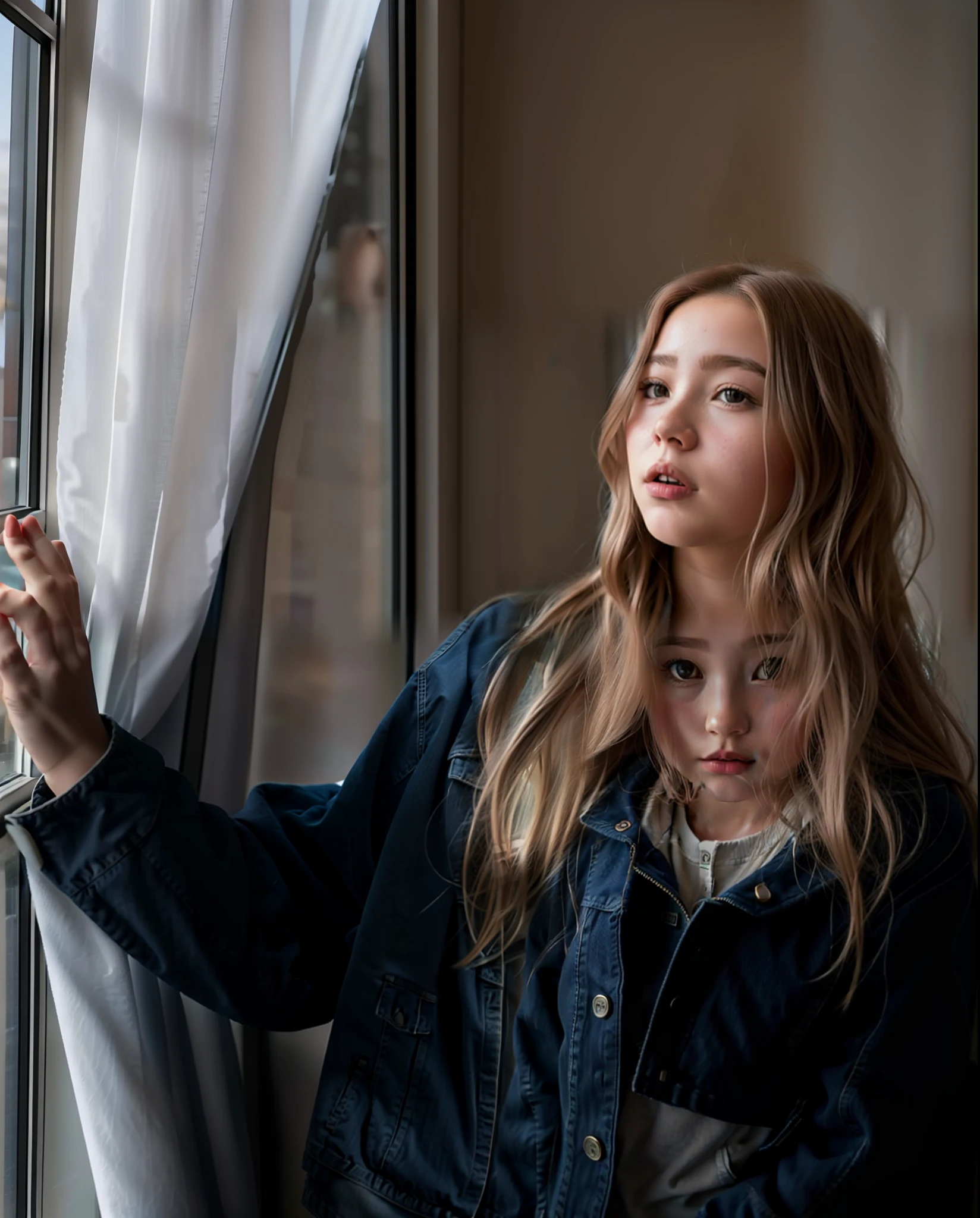 arafed woman in a denim jacket leaning against a window, lofi portrait at a window, leaning against the window, next to a window, with backdrop of natural light, standing near a window, sydney sweeney, near a window, next to a big window, looking out a window, looking out the window, infp young woman, a girl with blonde hair