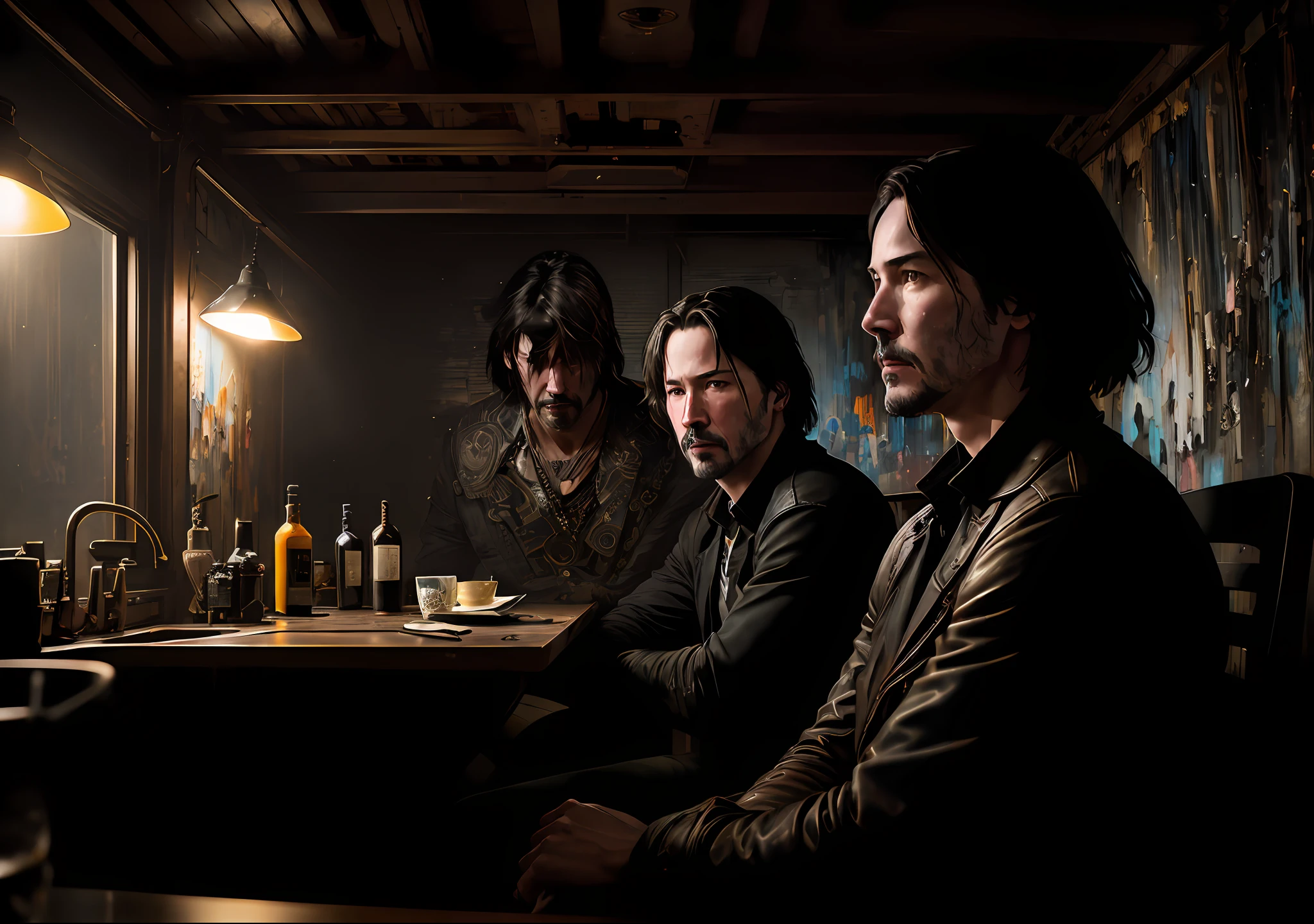 Keanu Reeves Dark photo: sitting on an old boat, realistic epic, portrait, eyes of Atey Ghailan, Greg Rutkowski, Greg Tocchini, James Gilleard, Joe Fenton, Kaethe Butcher, yellow gradient, black, brown and magenta color scheme, grunge aesthetic!!! Graffiti brand wall background, art by Greg Rutkowski and Artgerm, soft cinematic light, Adobe Lightroom, Photo Lab, HDR, intricate, highly detailed, (depth of field: 1.4), faded, (neutral colors: 1.2), (HDR: 1.4), (soft colors:1.2), hyperdetailed, (Artstation:1.4), cinematic, warm lights, dramatic light, (intricate details:1.1), complex background, (Rutkowski:0.66), (blue and orange:0.4)