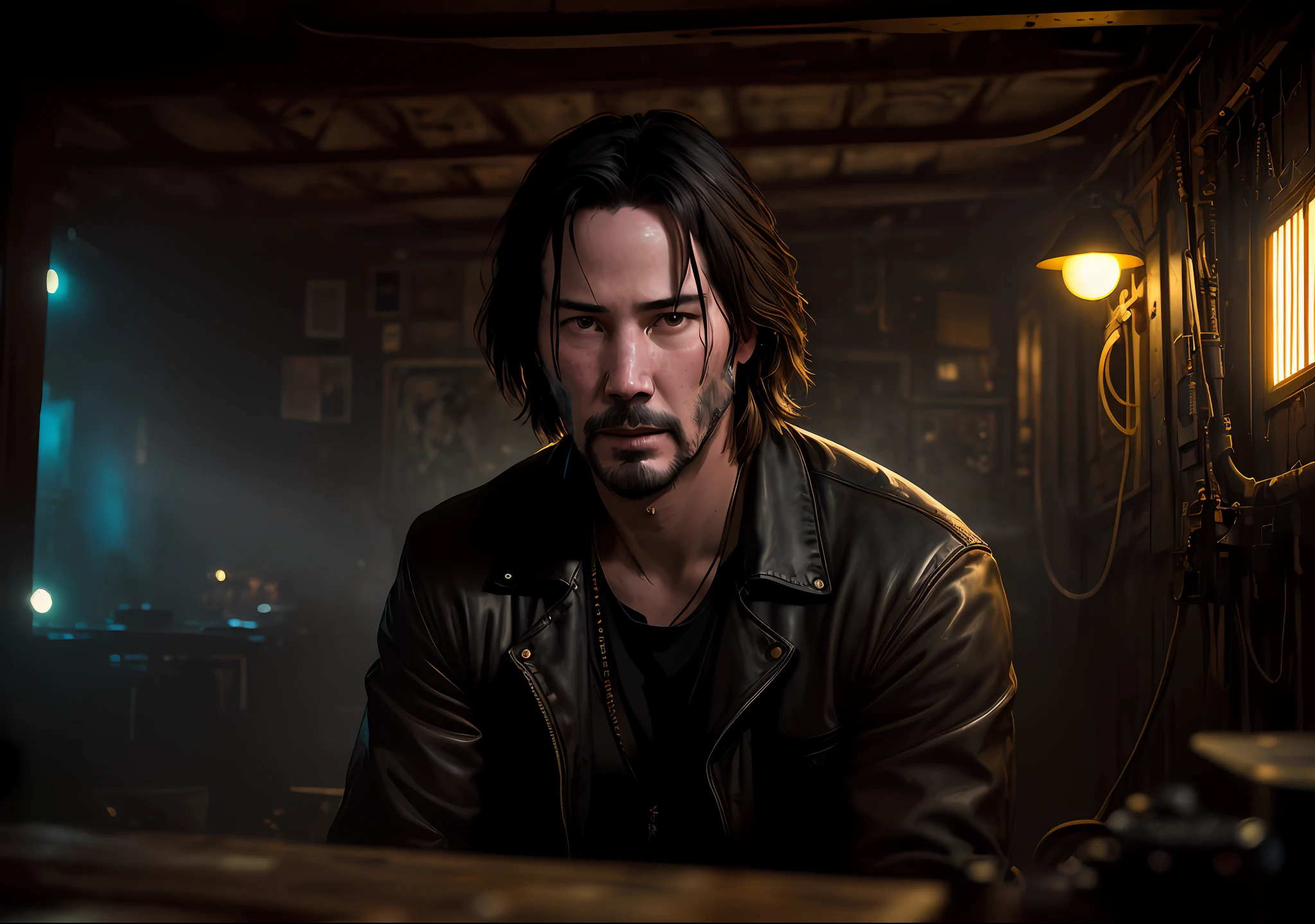 Keanu Reeves Dark photo: sitting on an old boat, realistic epic, portrait, eyes of Atey Ghailan, Greg Rutkowski, Greg Tocchini, James Gilleard, Joe Fenton, Kaethe Butcher, yellow gradient, black, brown and magenta color scheme, grunge aesthetic!!! Graffiti brand wall background, art by Greg Rutkowski and Artgerm, soft cinematic light, Adobe Lightroom, Photo Lab, HDR, intricate, highly detailed, (depth of field: 1.4), faded, (neutral colors: 1.2), (HDR: 1.4), (soft colors:1.2), hyperdetailed, (Artstation:1.4), cinematic, warm lights, dramatic light, (intricate details:1.1), complex background, (Rutkowski:0.66), (blue and orange:0.4)