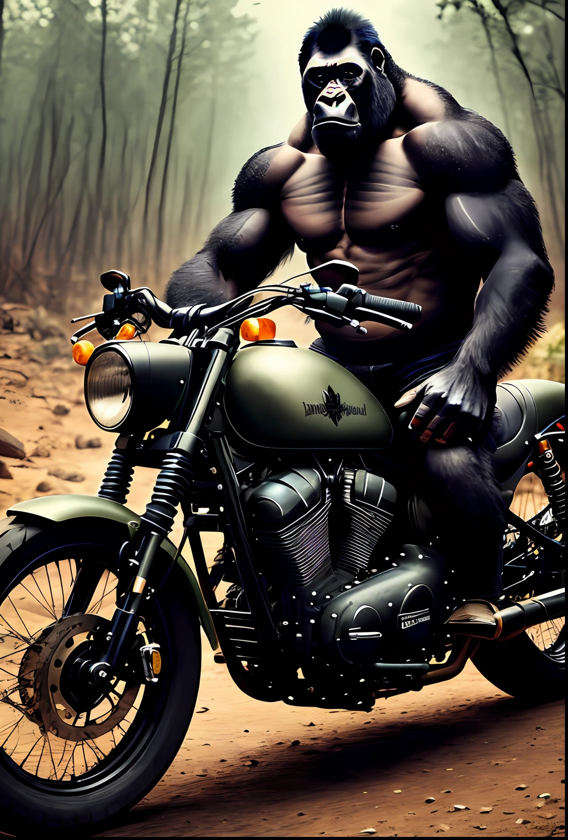 Gorilla, motorcycle in the desert at night (armybiker style: 1) bad face, angry face, scar, muscular, defined arms, defined chest, hand on handlebars, mounted on top of motorcycle, riding a Harley Davidson, Iron 883 model, black motorcycle, all black, matte black details, K raw photo, best quality, masterpiece, ultra high res, natural skin texture, realistic eyes and face details, realistic, lada bike, looking for viewer, dark forest, outdoor, photo, masterpiece, best quality, detailed, realistic, muscular (senatorarmstrong)