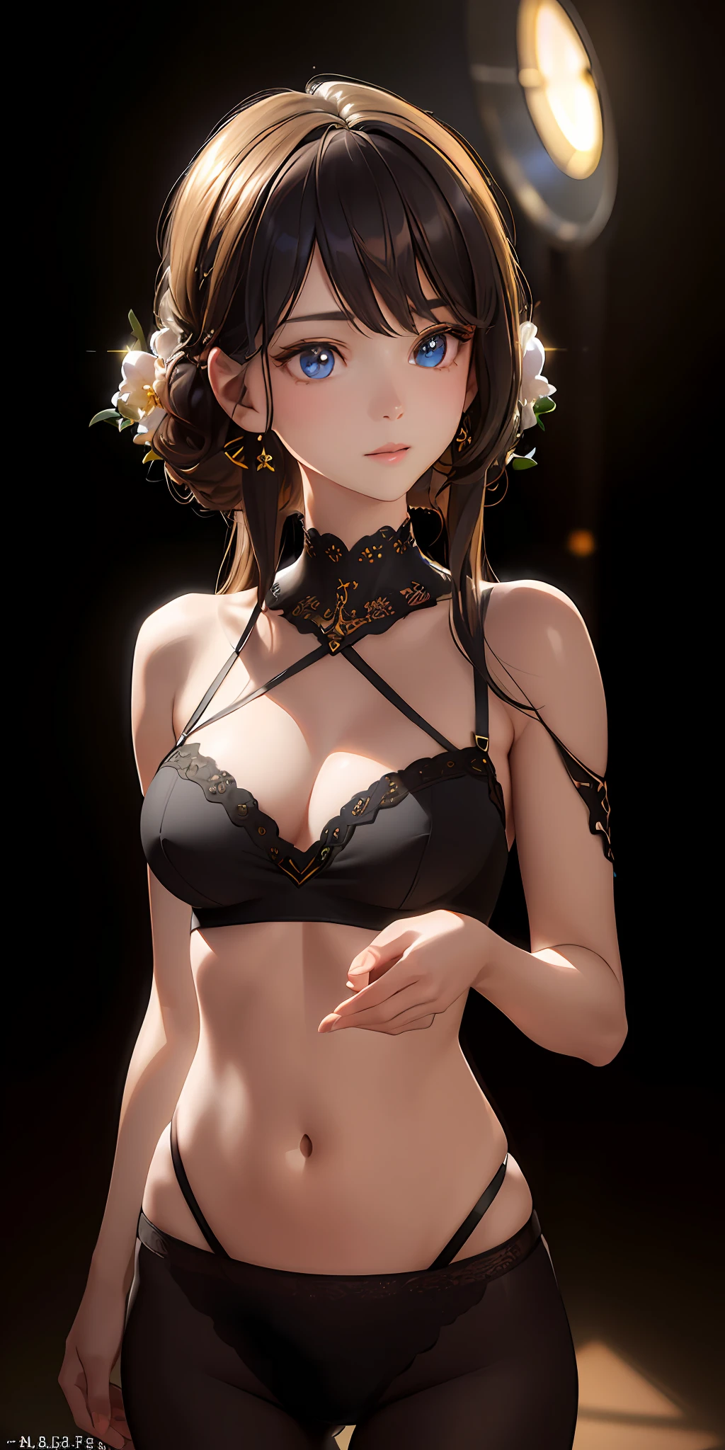 (photorealistic:1.4), (masterpiece, sidelighting, finely detailed beautiful eyes: 1.2), masterpiece*portrait, realistic, 3d face, glowing eyes, shiny hair, lustrous skin, solo, embarassed, (midriff), black underwear, blonde hair,naked