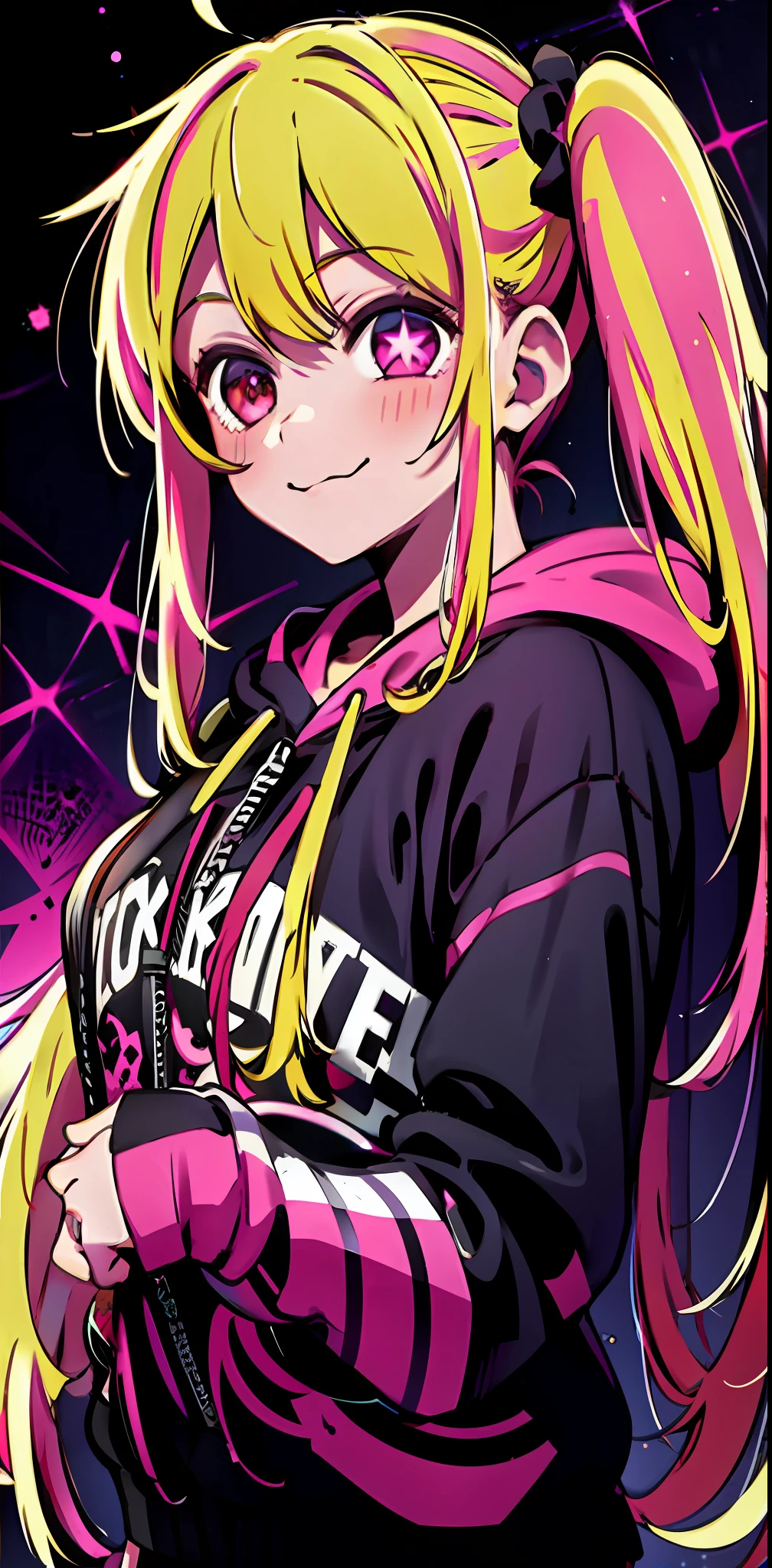 detailed background, masterpiece, best quality, smile, ornament, hoodie, portrait, neon pink, graffiti, dark, night, glowing eyes, blacklight, 1girl, solo, star-shaped pupils in left eye, orange hair, long hair, pink eyes, multicolored frilly clothes, blonde, bangs,posing, multicolored hair, (simple background:1.2), (cute:1.5), hair tie,