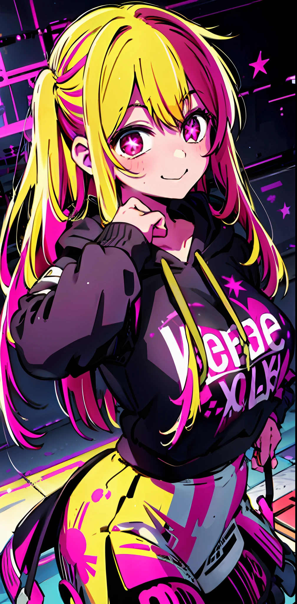 detailed background, masterpiece, best quality, smile, ornament, hoodie, portrait, neon pink, graffiti, dark, night, glowing eyes, blacklight, 1girl, solo, star-shaped pupils in left eye, orange hair, long hair, pink eyes, multicolored frilly clothes, blonde, bangs,posing, multicolored hair, (simple background:1.2), (cute:1.5), hair tie,