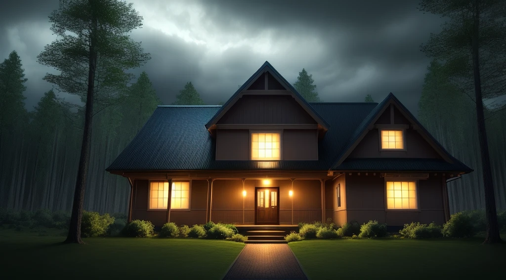 forest , night, cloudy, house