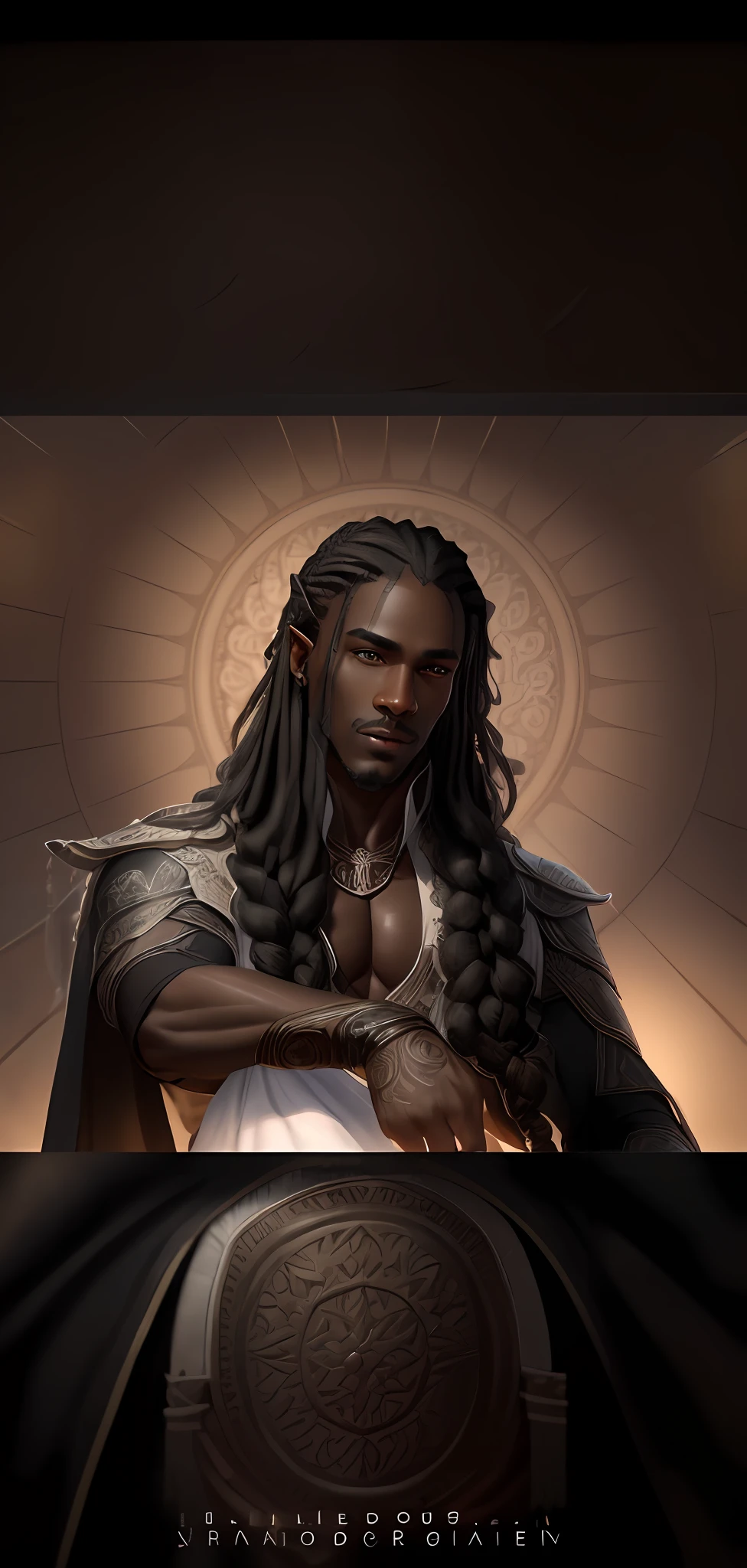 1men, black skin, long braided hair, pointed ears, detailed skin texture, detailed cloth texture, beautifully detailed face, masterpiece, best quality, ultra detailed, 8k, intricate details, best quality, black hair