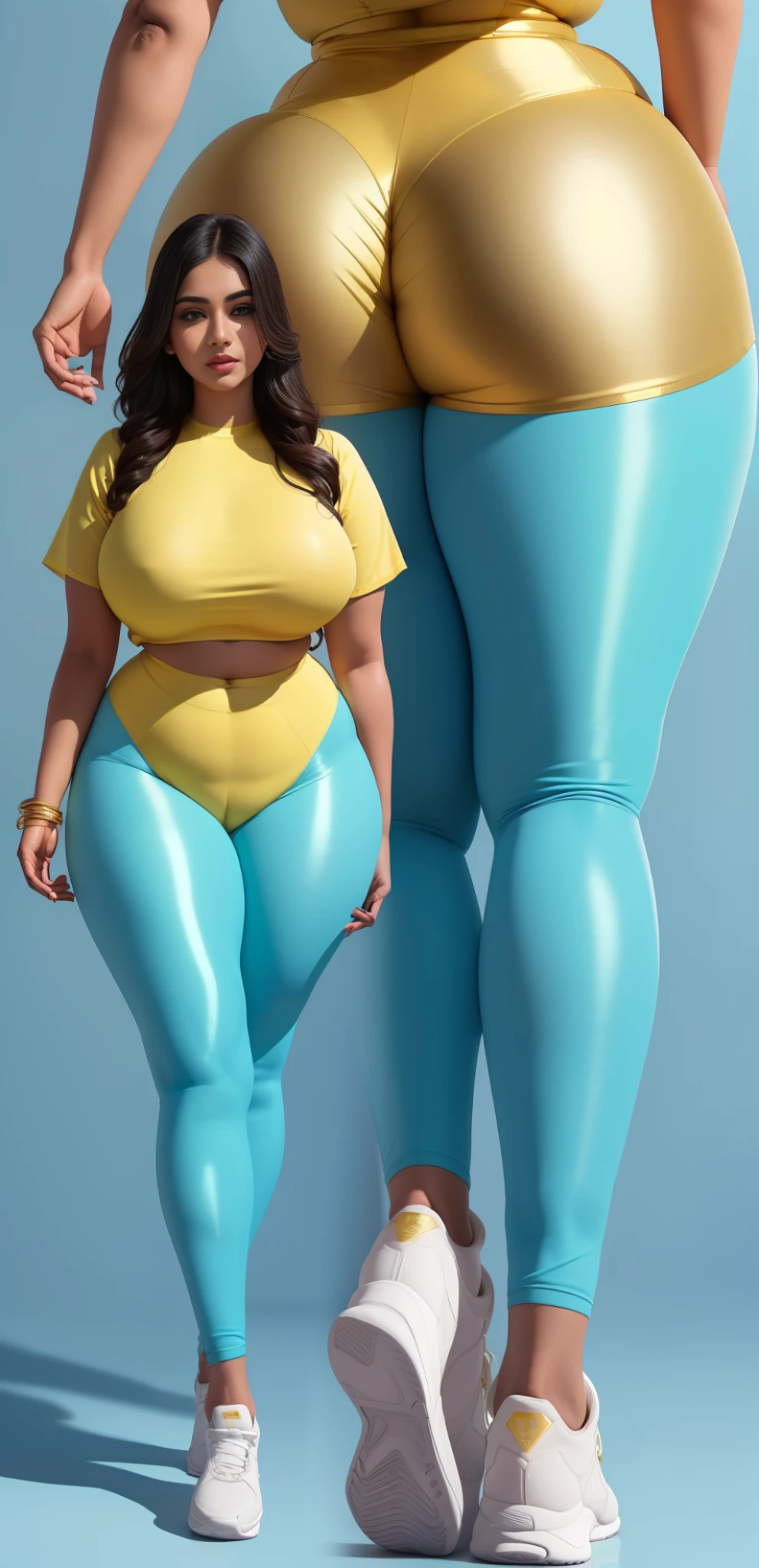 "An ultra-detailed 8k masterpiece of better quality and high saturation well focused. (view ???????????) The image features an outfit illustration featuring a stunning plus size Indian beauty woman wearing a super tight gold leggings outfit including super tight ??????????, F cup, white sneakers and a blue background, long legs."