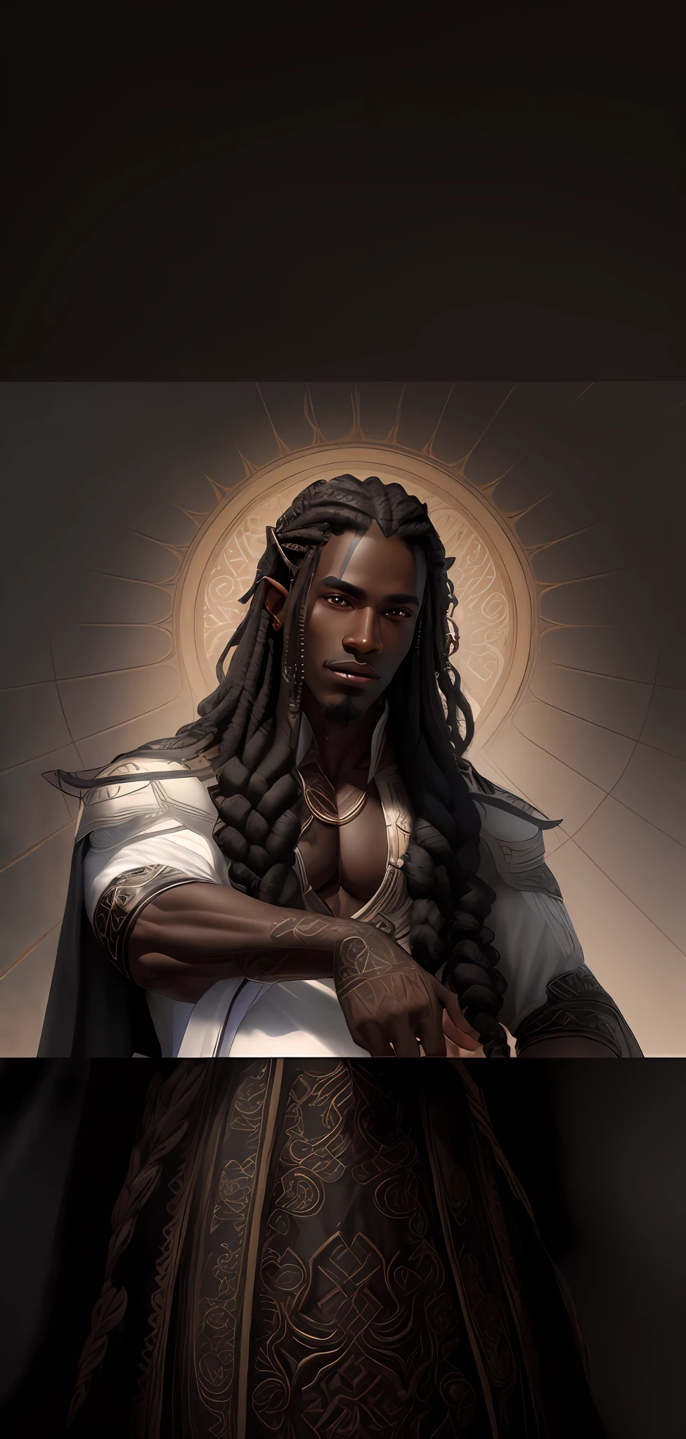 1men, black skin, long braided hair, pointed ears, detailed skin texture, detailed cloth texture, beautifully detailed face, masterpiece, best quality, ultra detailed, 8k, intricate details, best quality, black hair