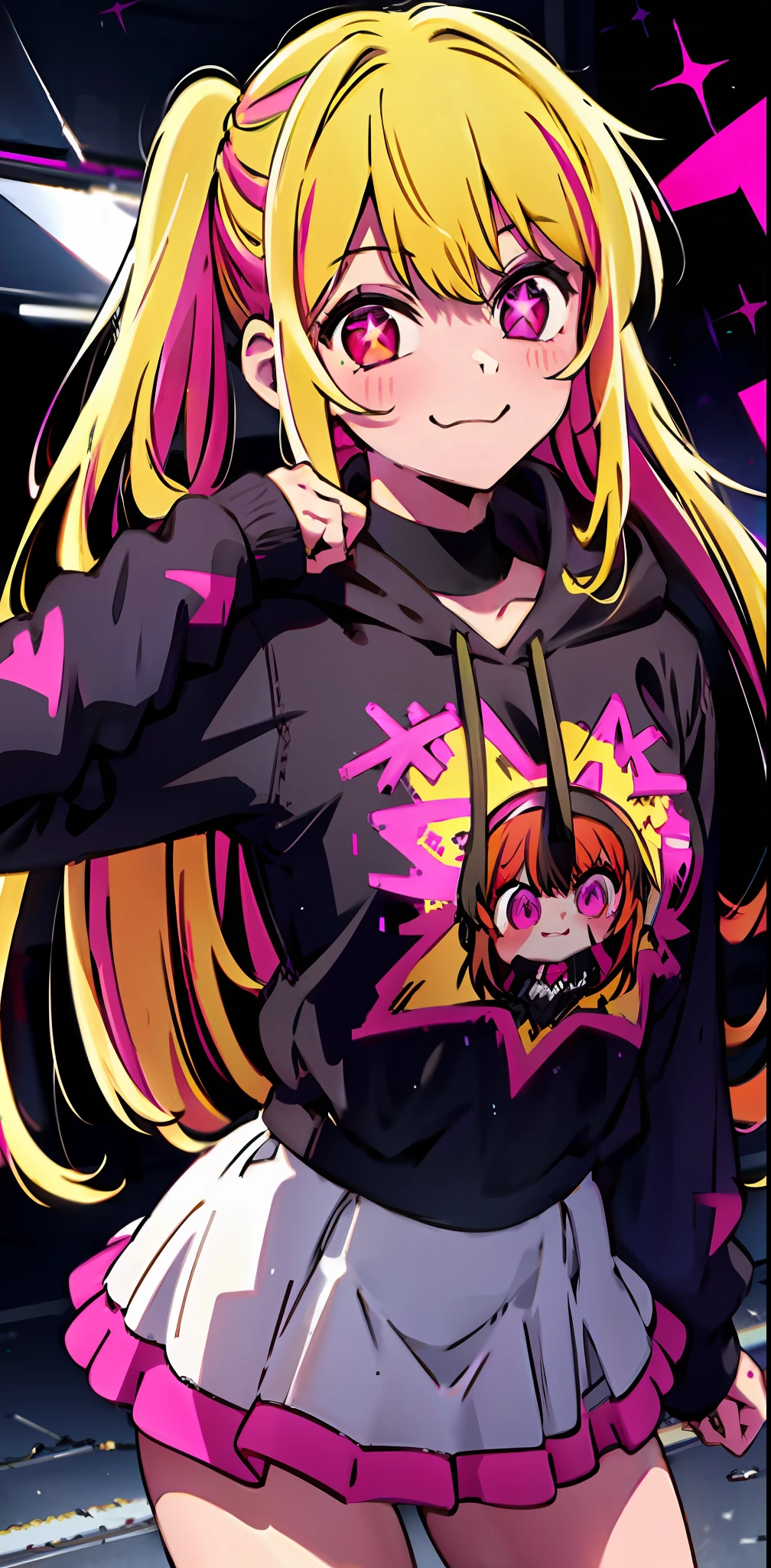 detailed background, masterpiece, best quality, smile, ornament, hoodie, portrait, neon pink, graffiti, dark, night, glowing eyes, blacklight, 1girl, solo, star-shaped pupils in left eye, orange hair, long hair, pink eyes, multicolored frilly clothes, blonde, bangs,posing, multicolored hair, (simple background:1.2), (cute:1.5), hair tie,