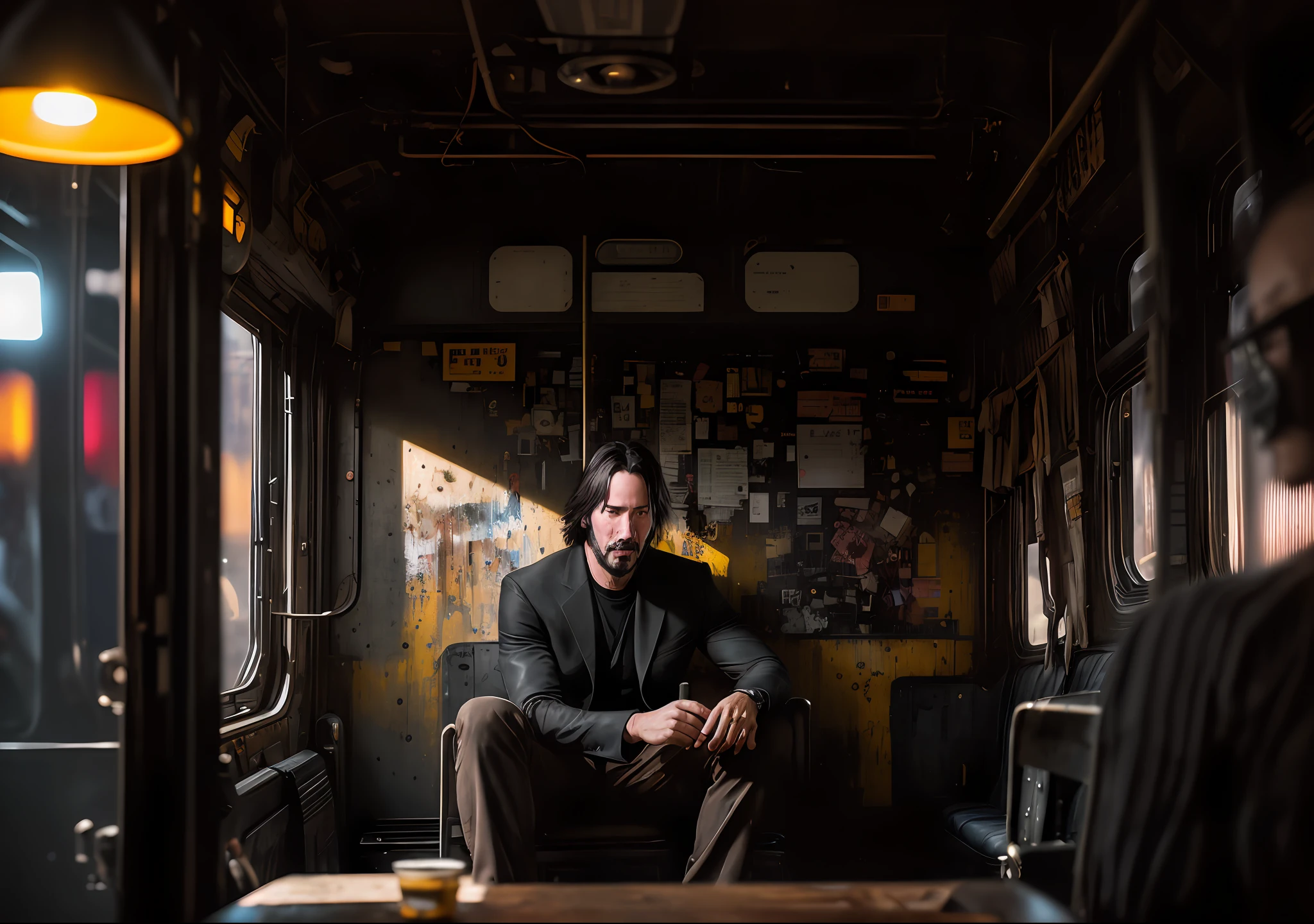 Keanu Reeves dark photo: sitting next to an old bus, realistic epic, portrait, eyes of Atey Ghailan, Greg Rutkowski, Greg Tocchini, James Gilleard, Joe Fenton, Kaethe Butcher, yellow gradient, black, brown and magenta color scheme, grunge aesthetic!!! Graffiti brand wall background, art by Greg Rutkowski and Artgerm, soft cinematic light, Adobe Lightroom, Photo Lab, HDR, intricate, highly detailed, (depth of field: 1.4), faded, (neutral colors: 1.2), (HDR: 1.4), (soft colors:1.2), hyperdetailed, (Artstation:1.4), cinematic, warm lights, dramatic light, (intricate details:1.1), complex background, (Rutkowski:0.66), (blue and orange:0.4)