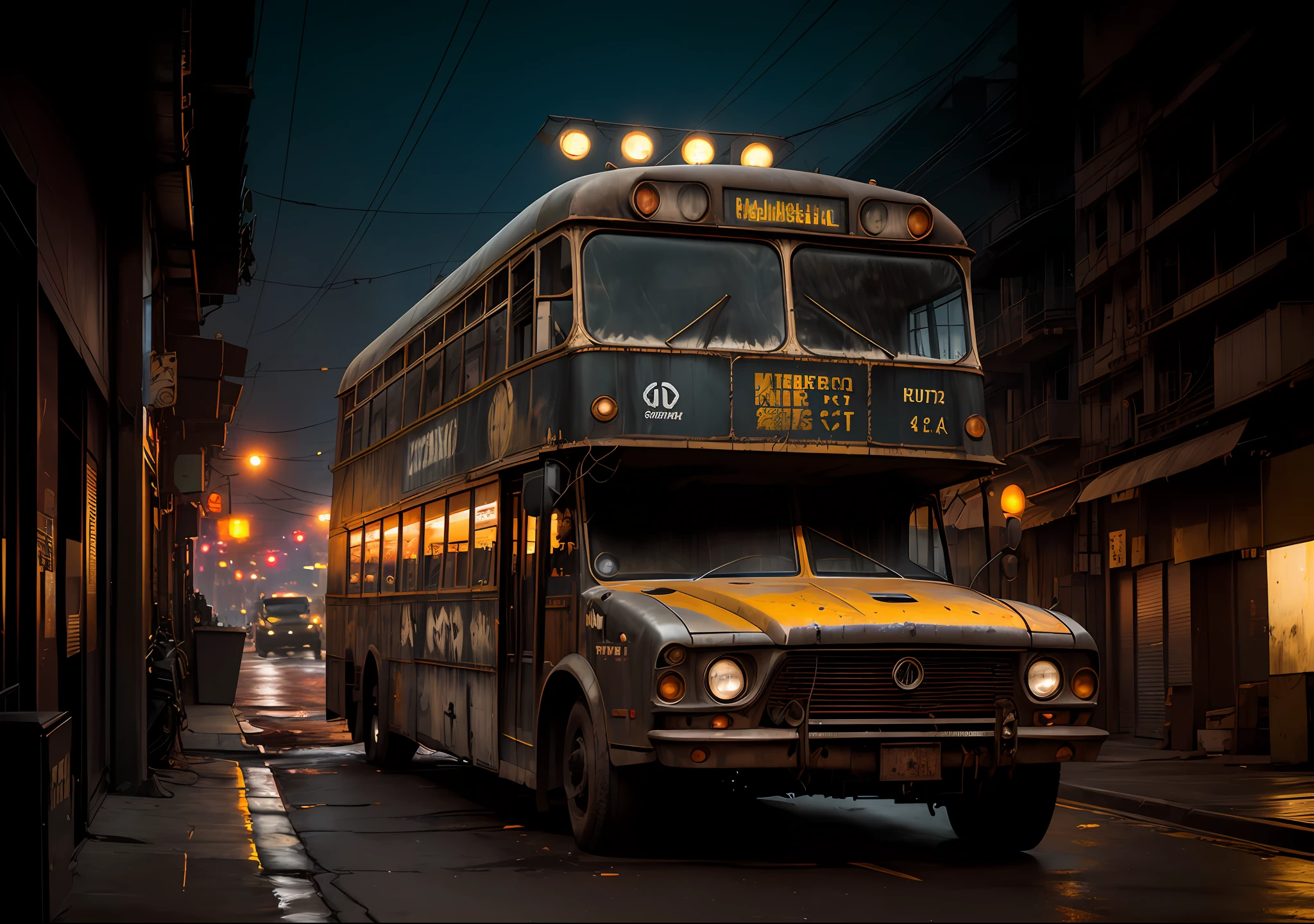 Keanu Reeves dark photo: sitting next to an old bus, realistic epic, portrait, eyes of Atey Ghailan, Greg Rutkowski, Greg Tocchini, James Gilleard, Joe Fenton, Kaethe Butcher, yellow gradient, black, brown and magenta color scheme, grunge aesthetic!!! Graffiti brand wall background, art by Greg Rutkowski and Artgerm, soft cinematic light, Adobe Lightroom, Photo Lab, HDR, intricate, highly detailed, (depth of field: 1.4), faded, (neutral colors: 1.2), (HDR: 1.4), (soft colors:1.2), hyperdetailed, (Artstation:1.4), cinematic, warm lights, dramatic light, (intricate details:1.1), complex background, (Rutkowski:0.66), (blue and orange:0.4)